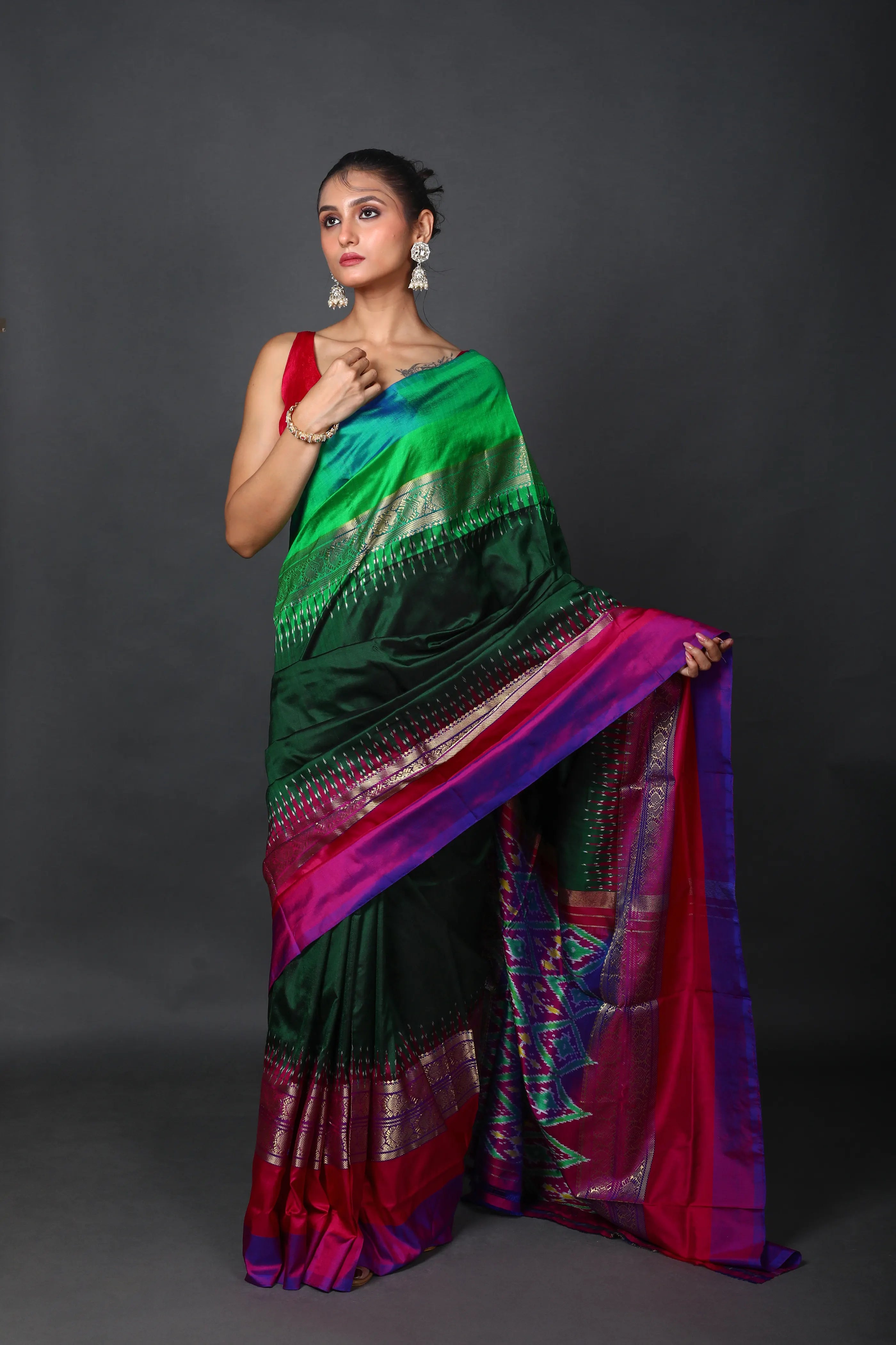 Bottle Green Pochampally Silk Saree With Blouse Piece