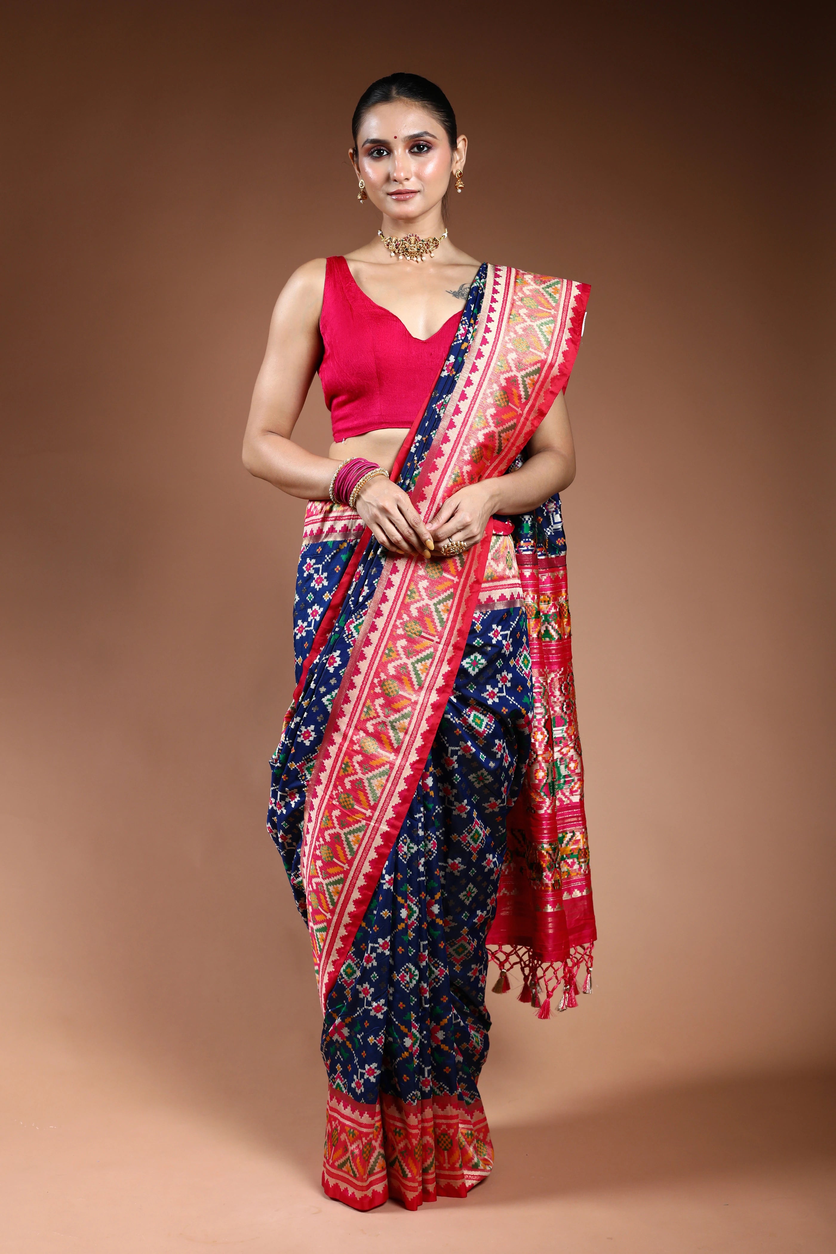 Blue Semi Patola Saree With Blouse Piece