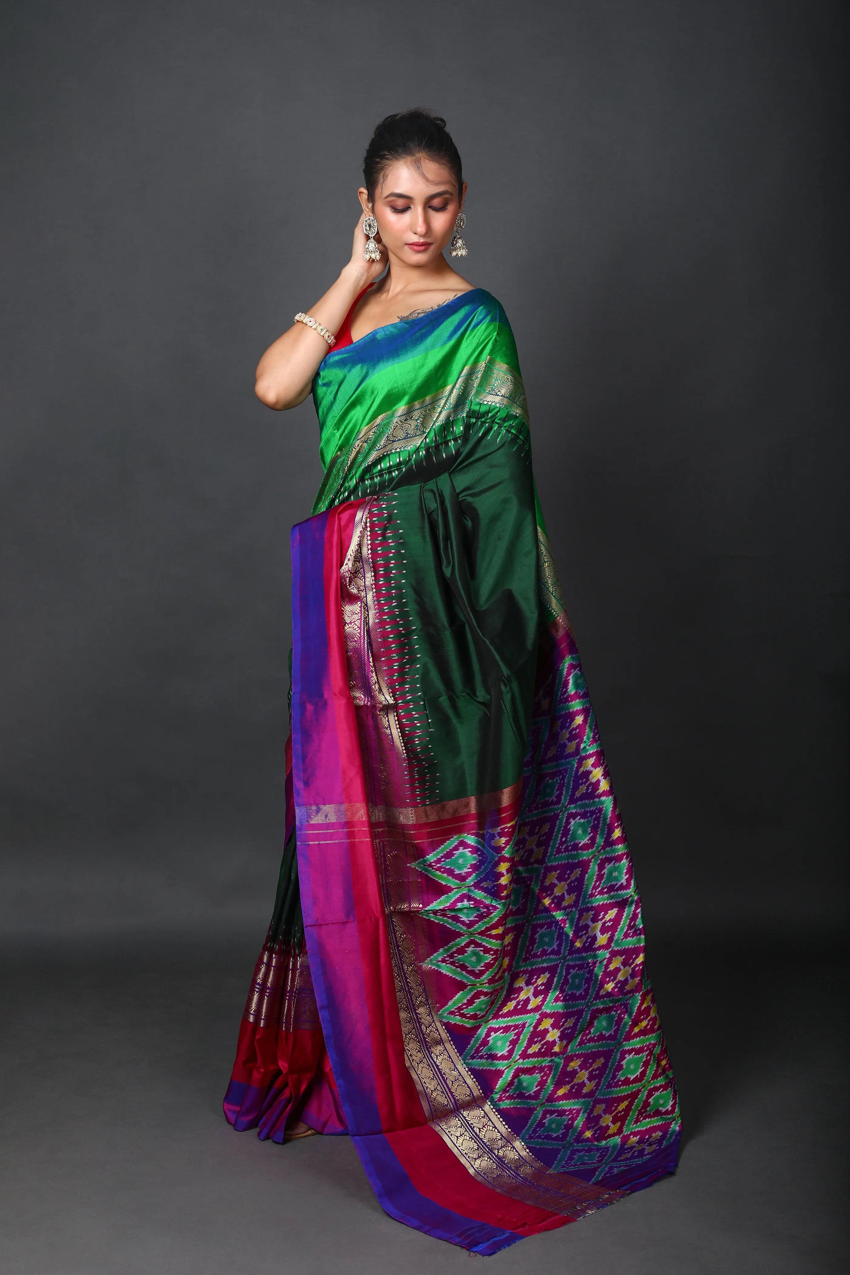 Bottle Green Pochampally Silk Saree With Blouse Piece