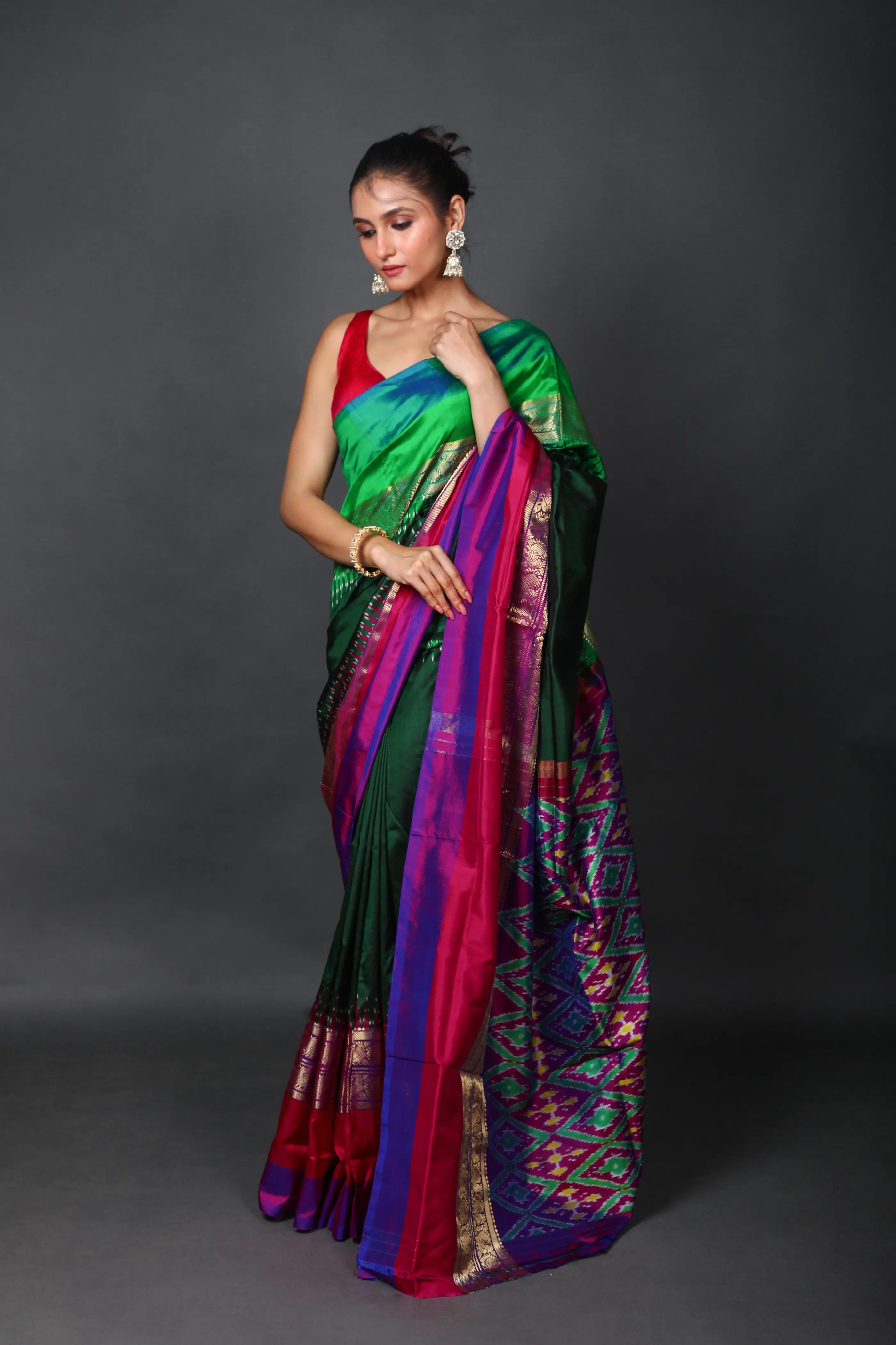 Bottle Green Pochampally Silk Saree With Blouse Piece