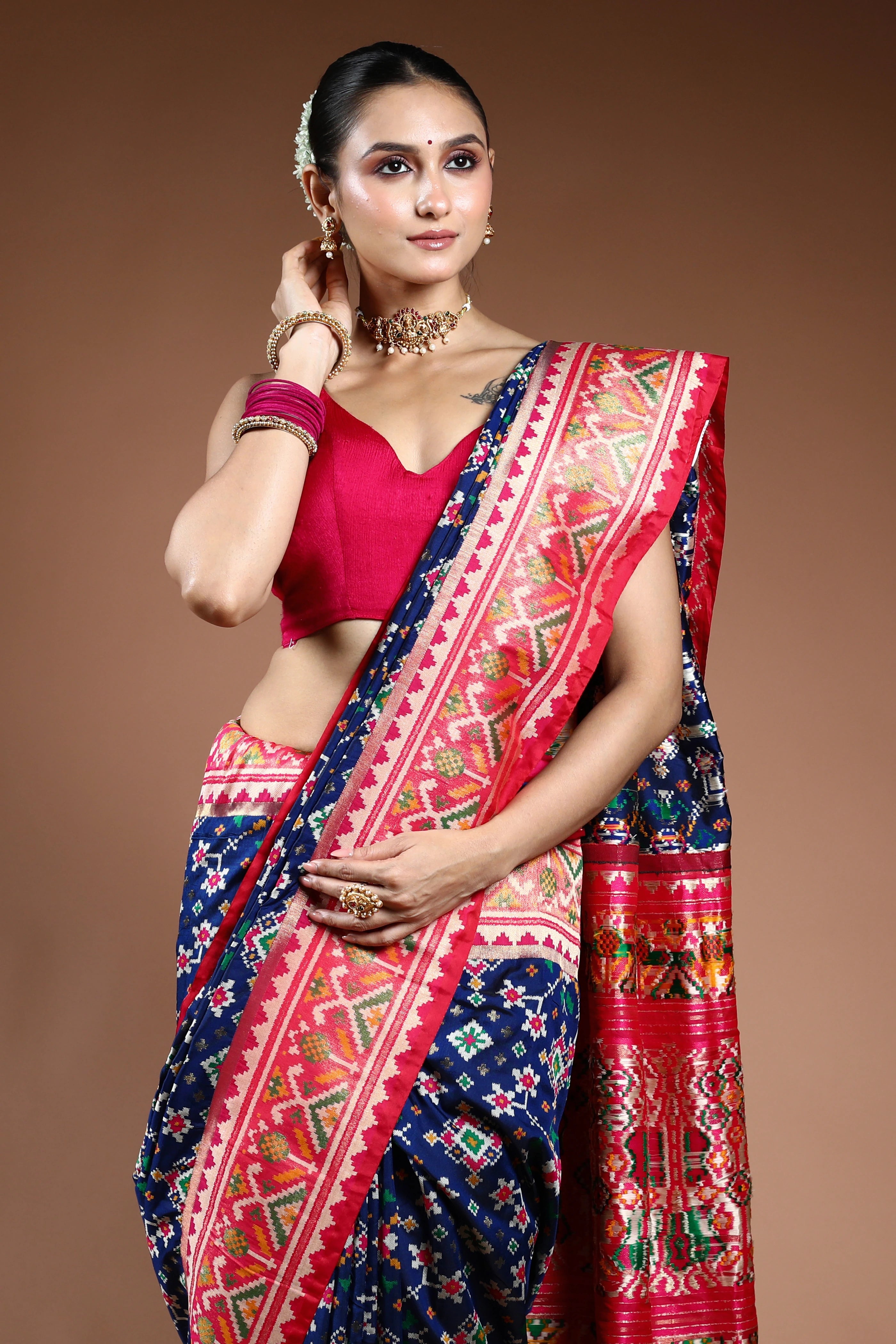 Blue Semi Patola Saree With Blouse Piece