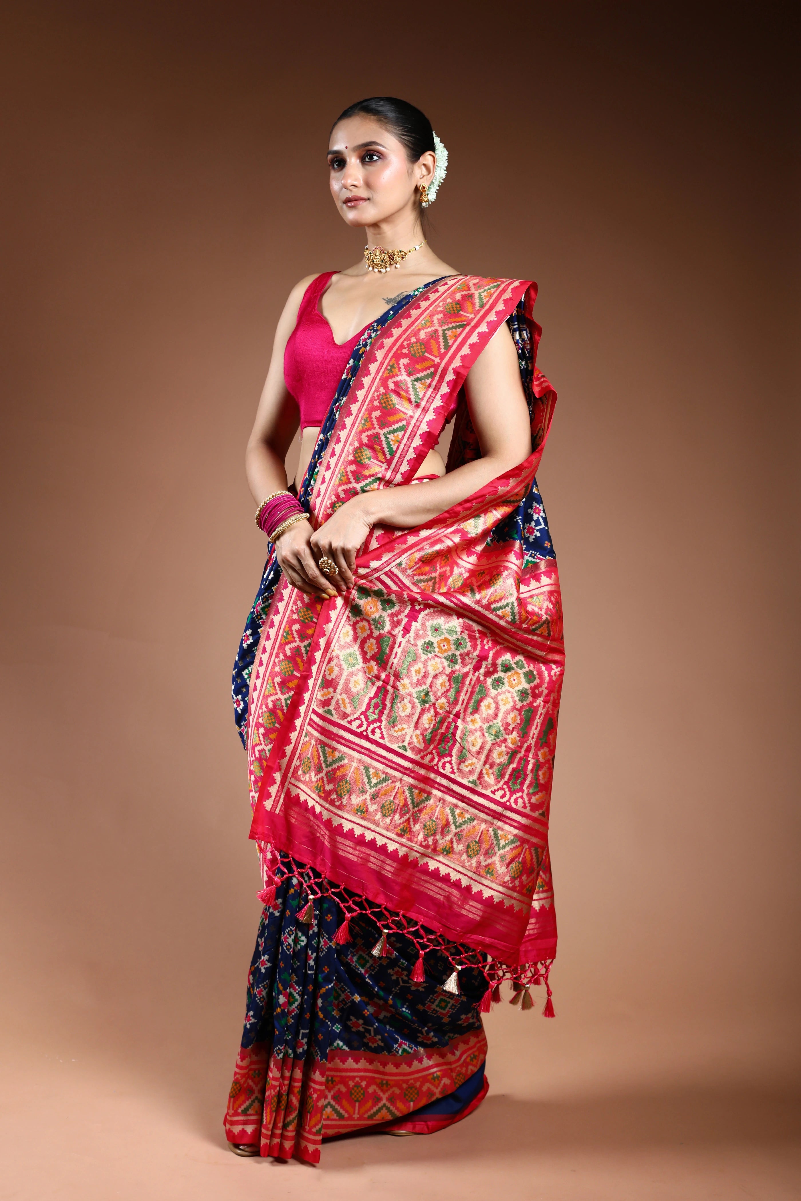 Blue Semi Patola Saree With Blouse Piece