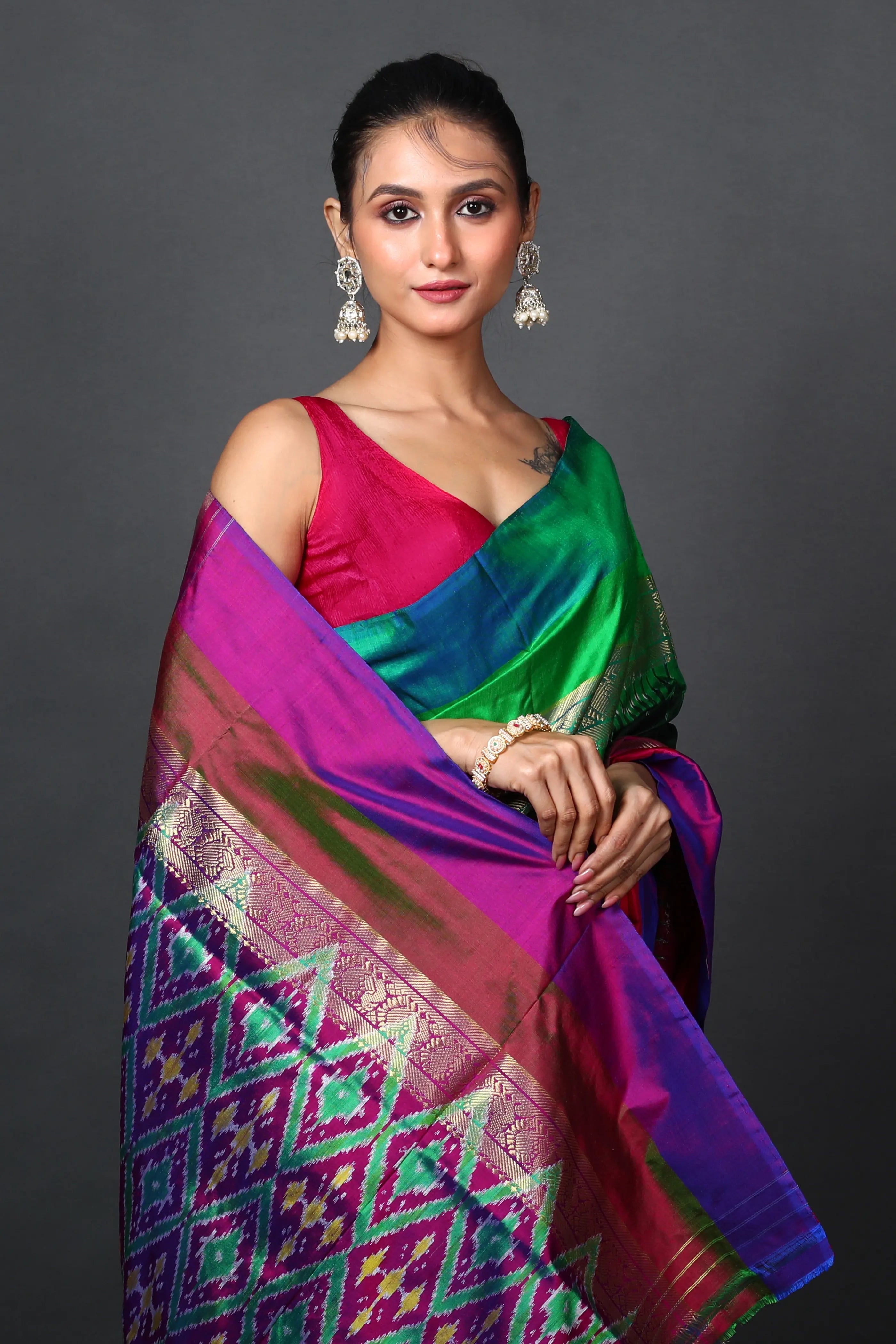 Bottle Green Pochampally Silk Saree With Blouse Piece