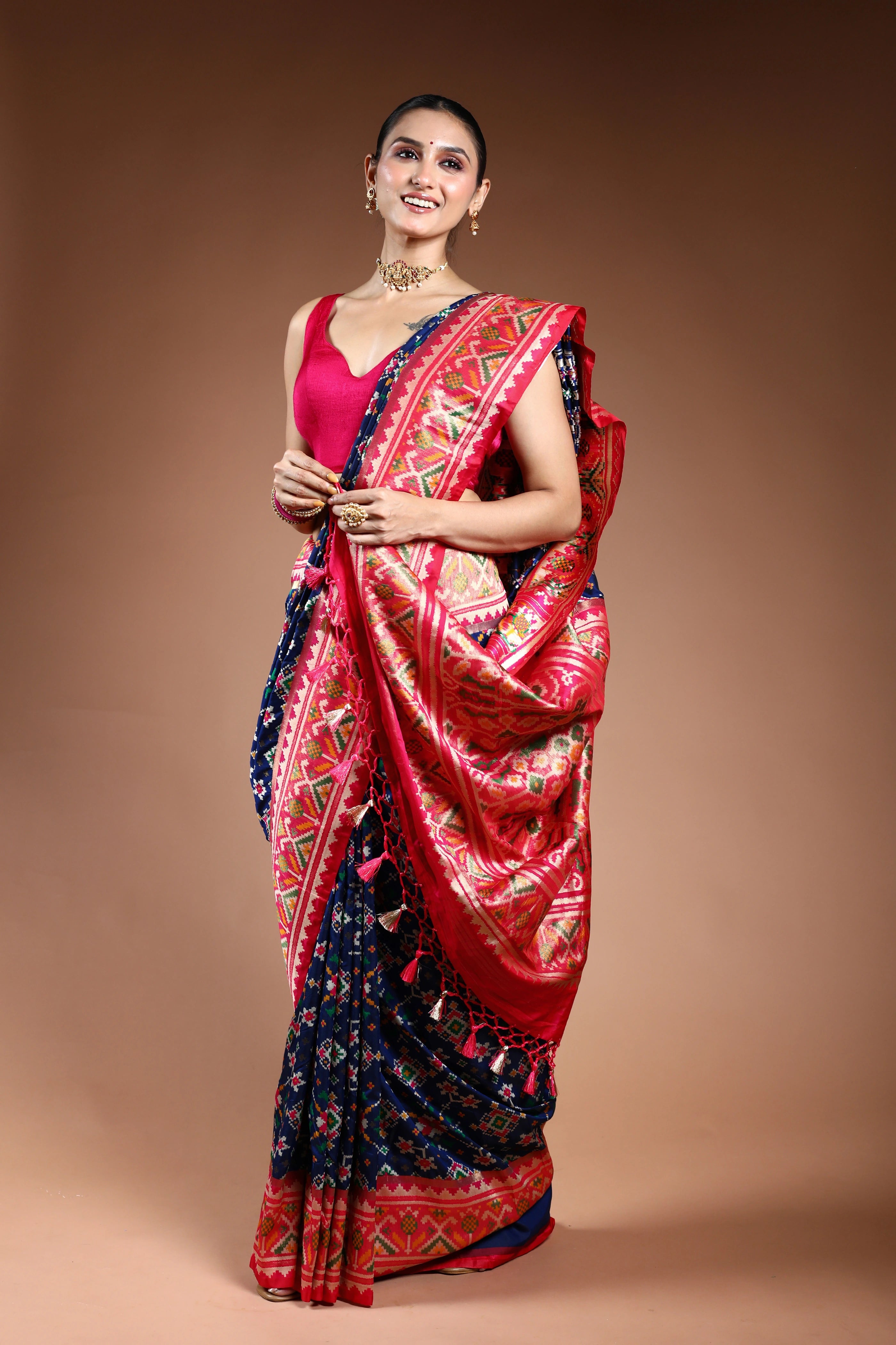 Blue Semi Patola Saree With Blouse Piece