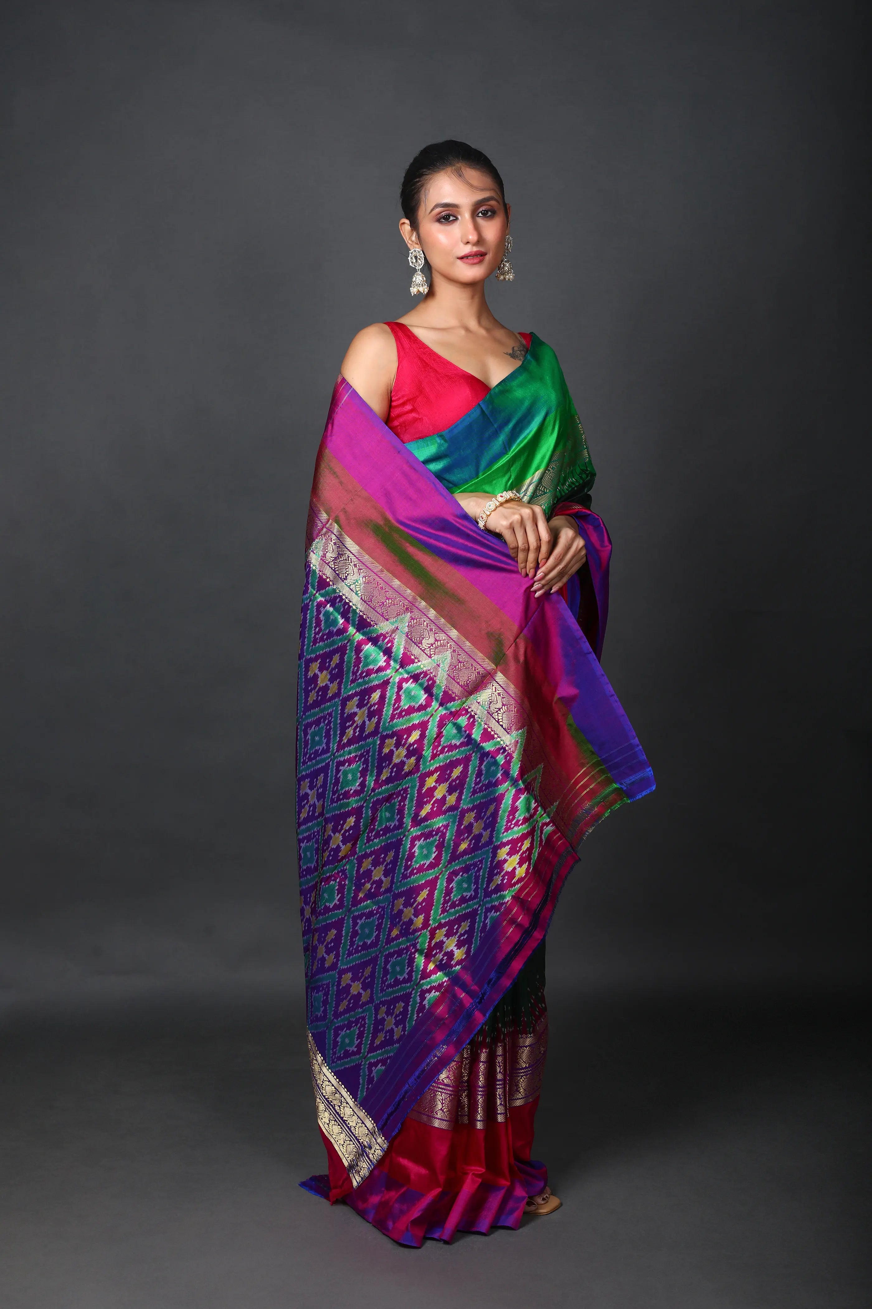 Bottle Green Pochampally Silk Saree With Blouse Piece