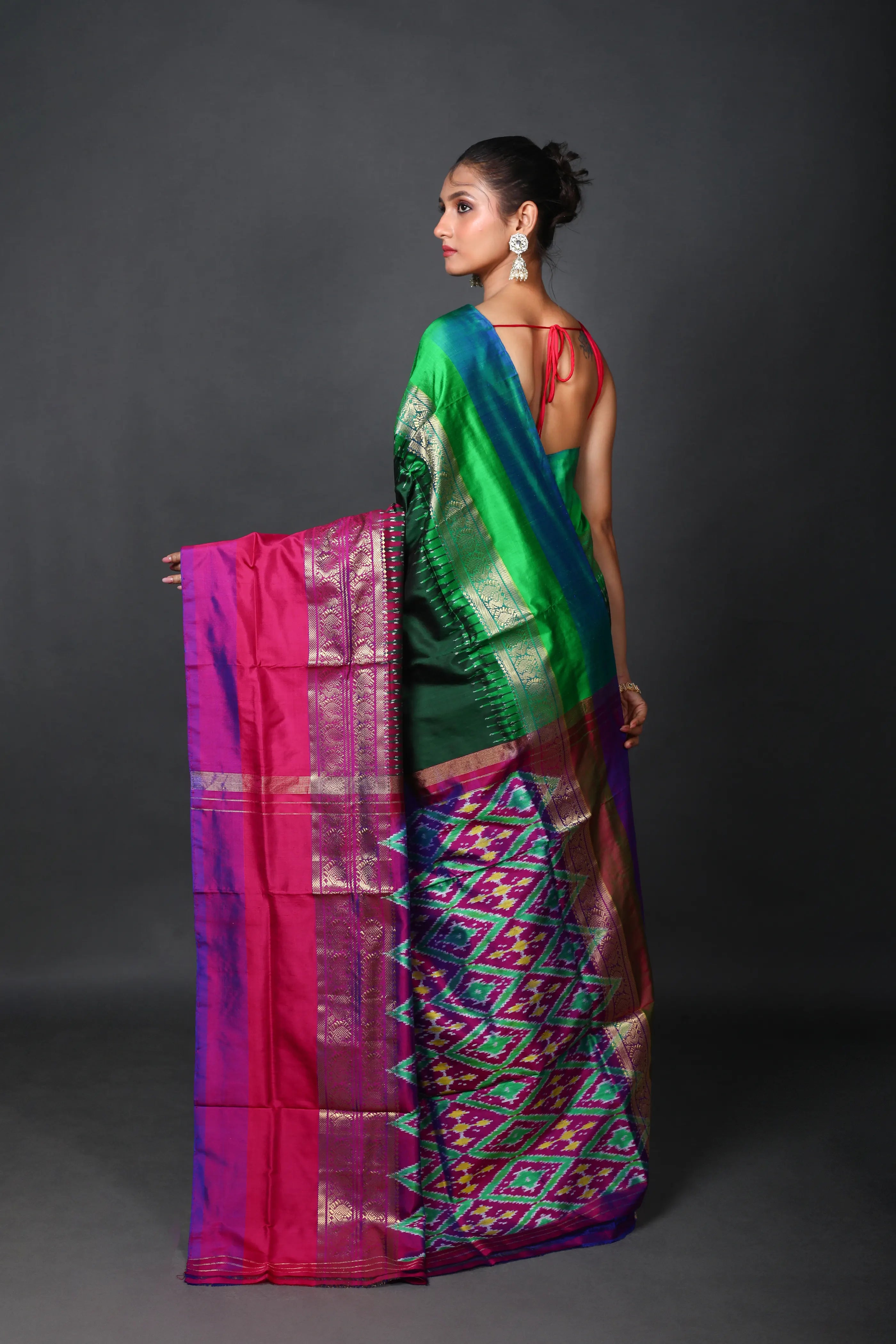 Bottle Green Pochampally Silk Saree With Blouse Piece