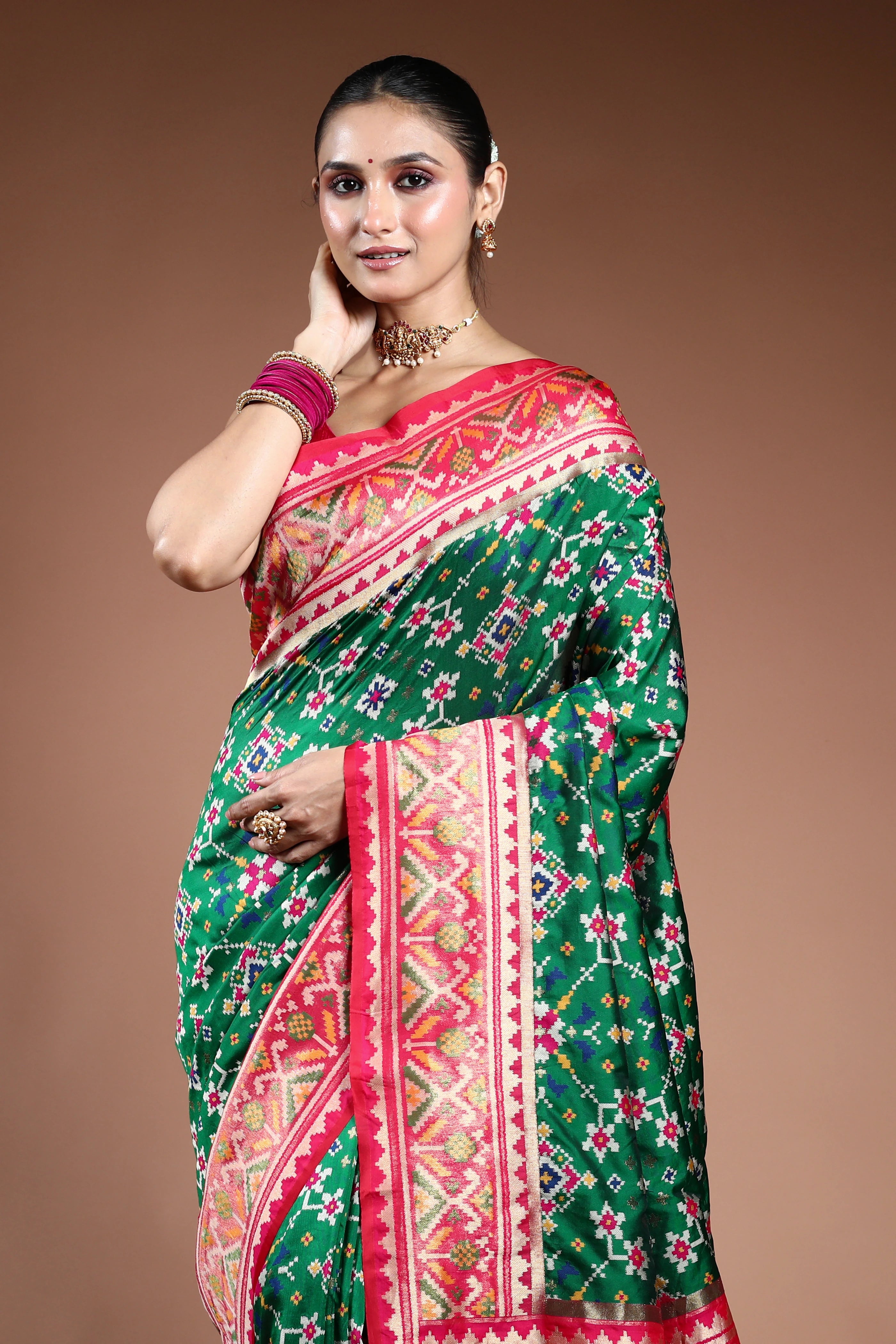 Green Semi Patola Saree With Blouse Piece