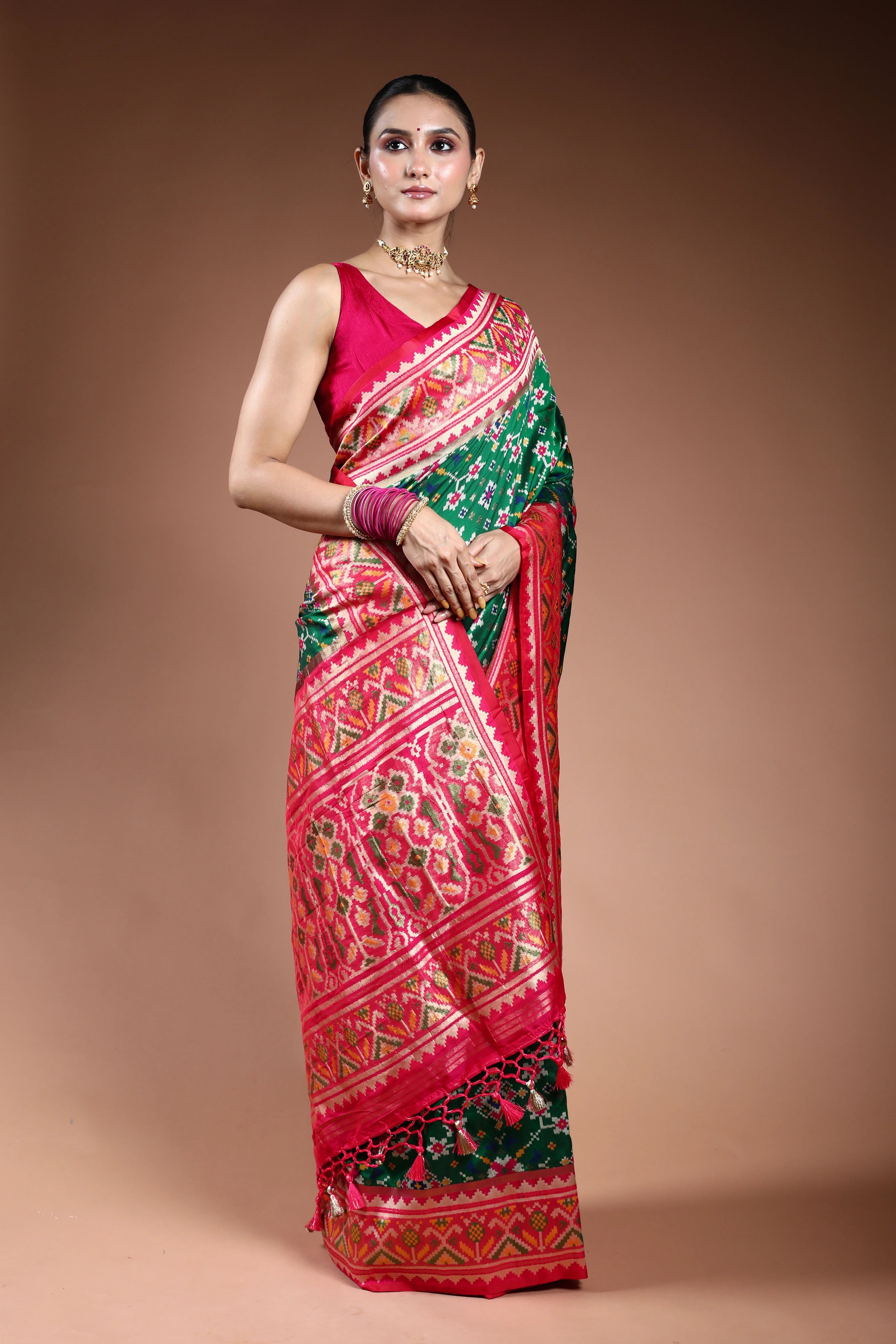Green Semi Patola Saree With Blouse Piece