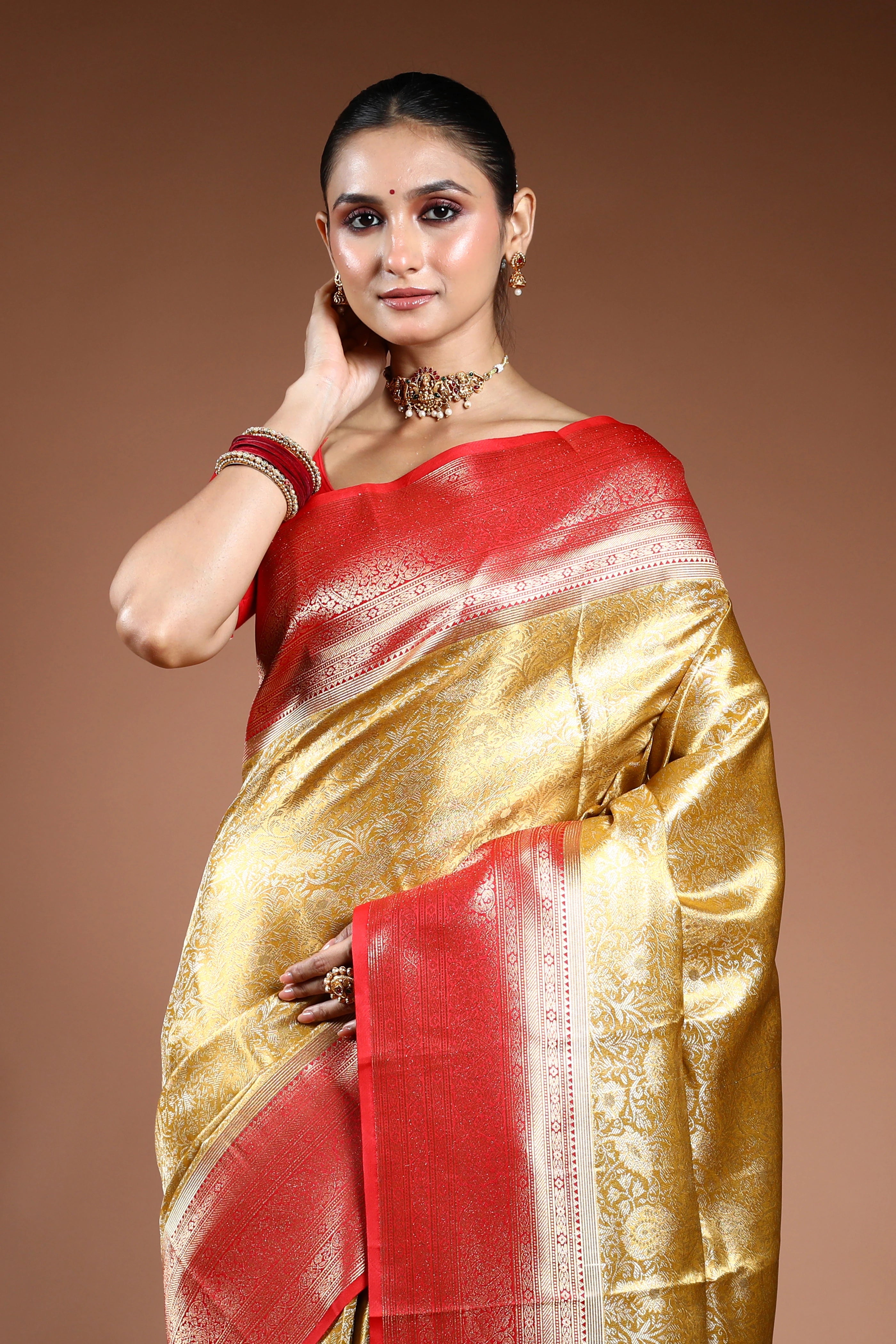 Golden Semi Tissue Kanjivaram Saree With Blouse Piece