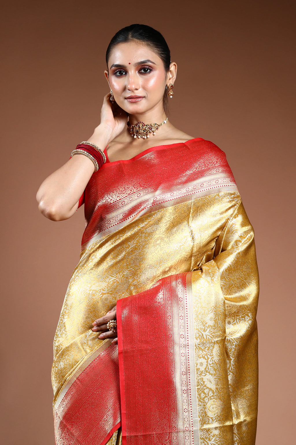 Golden Semi Tissue Kanjivaram Saree With Blouse Piece