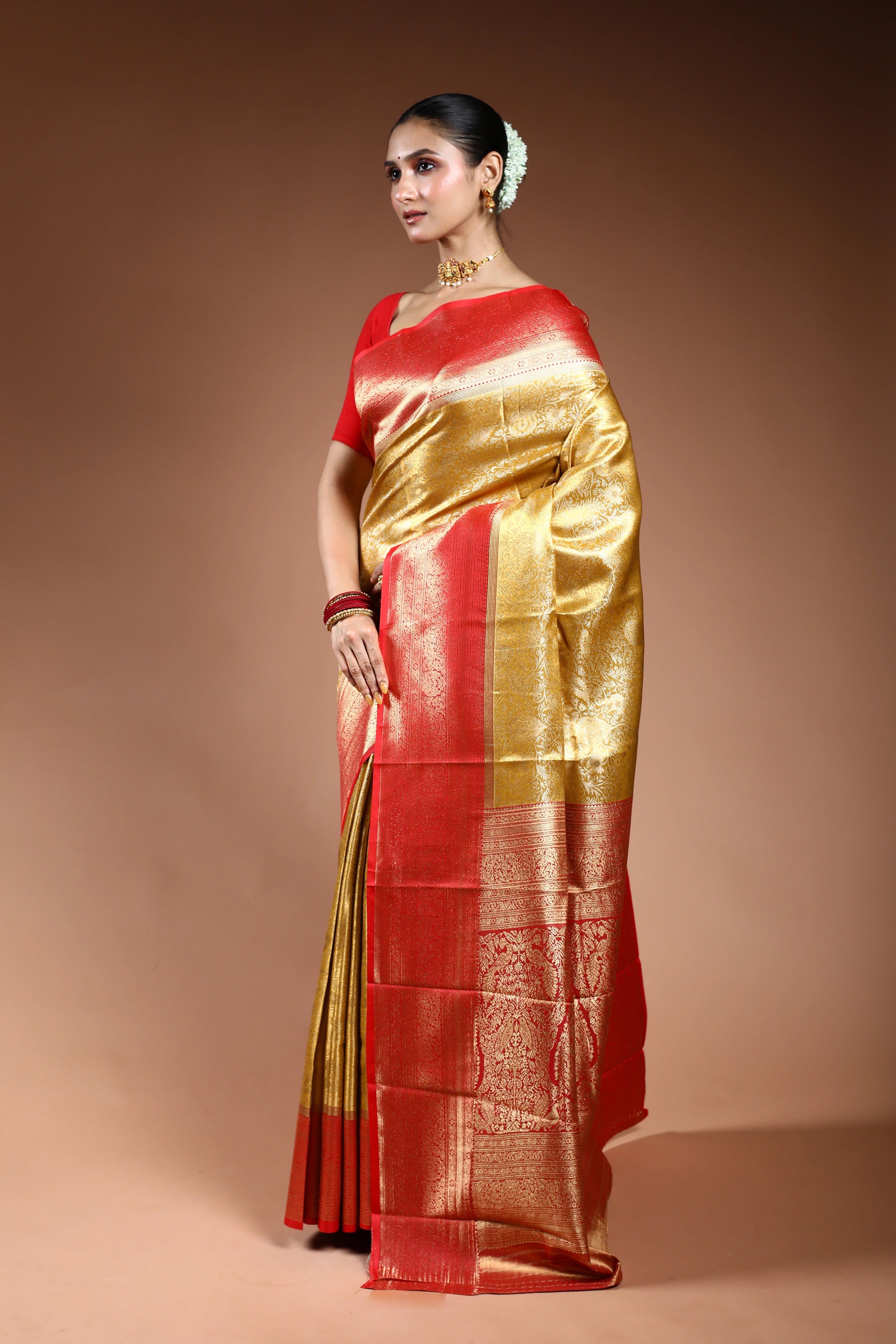 Golden Semi Tissue Kanjivaram Saree With Blouse Piece