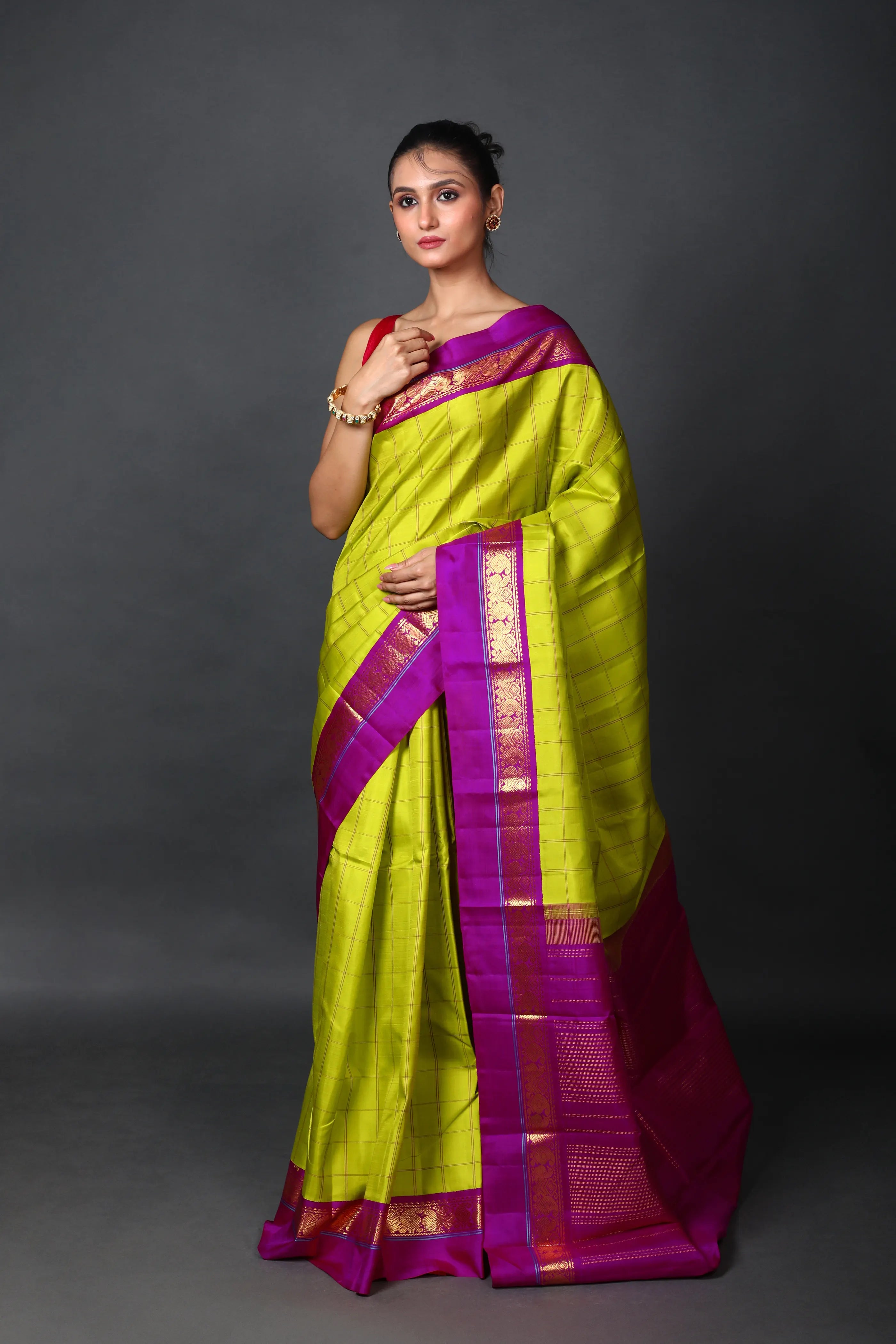 Parrot Green & Purple Silk Kanjivaram Saree With Blouse Piece
