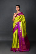 Parrot Green & Purple Silk Kanjivaram Saree With Blouse Piece