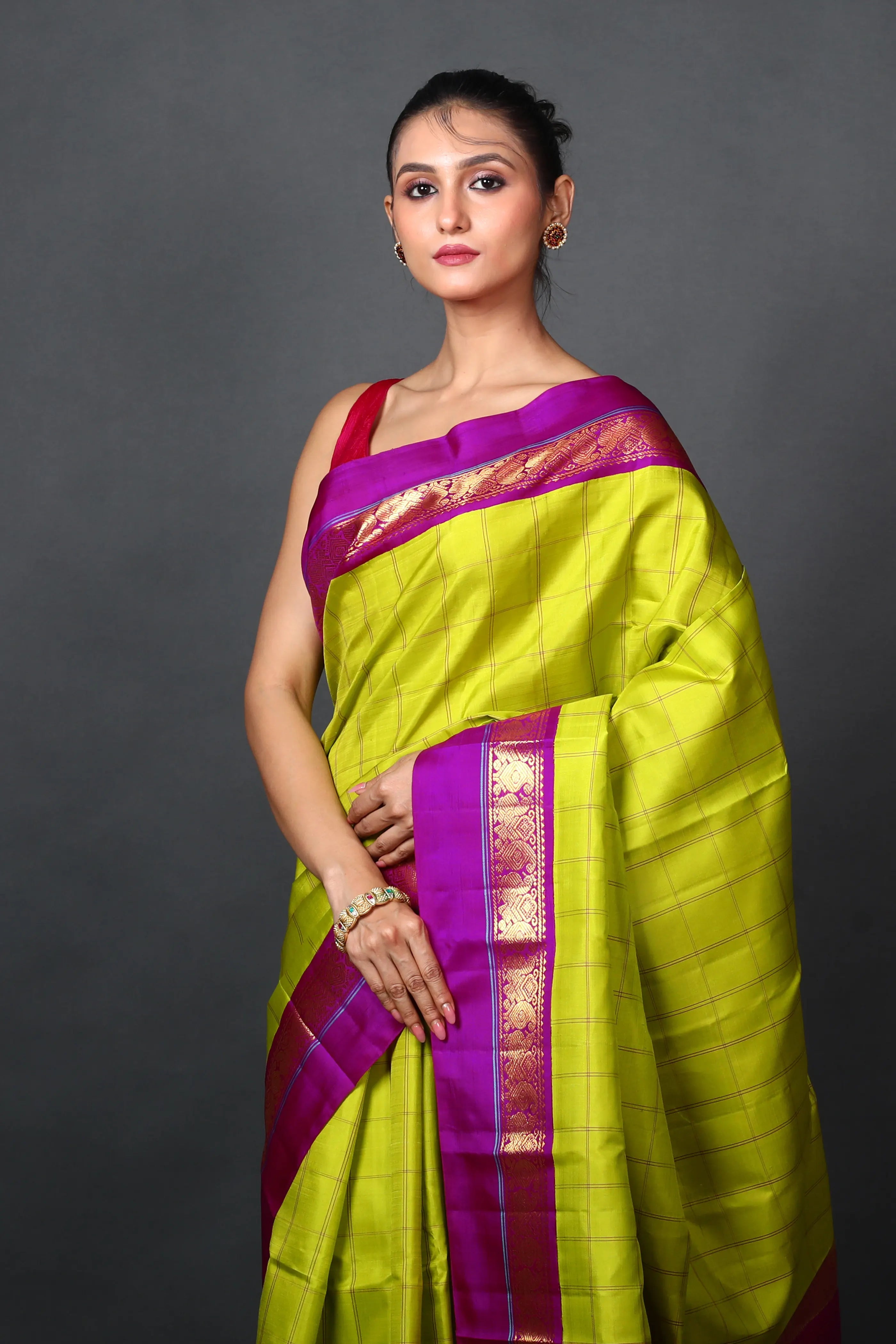 Parrot Green & Purple Silk Kanjivaram Saree With Blouse Piece