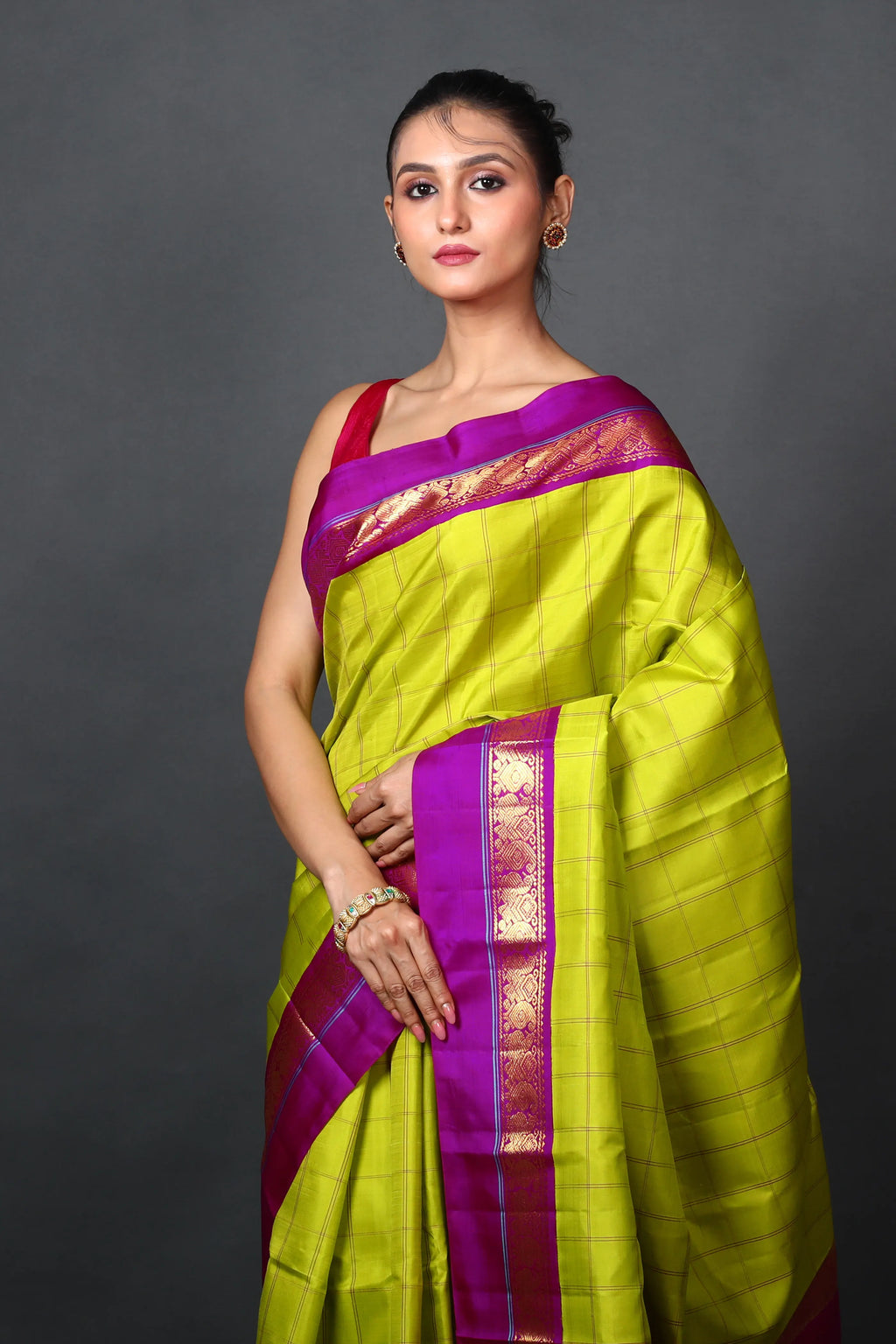 Parrot Green & Purple Silk Kanjivaram Saree With Blouse Piece