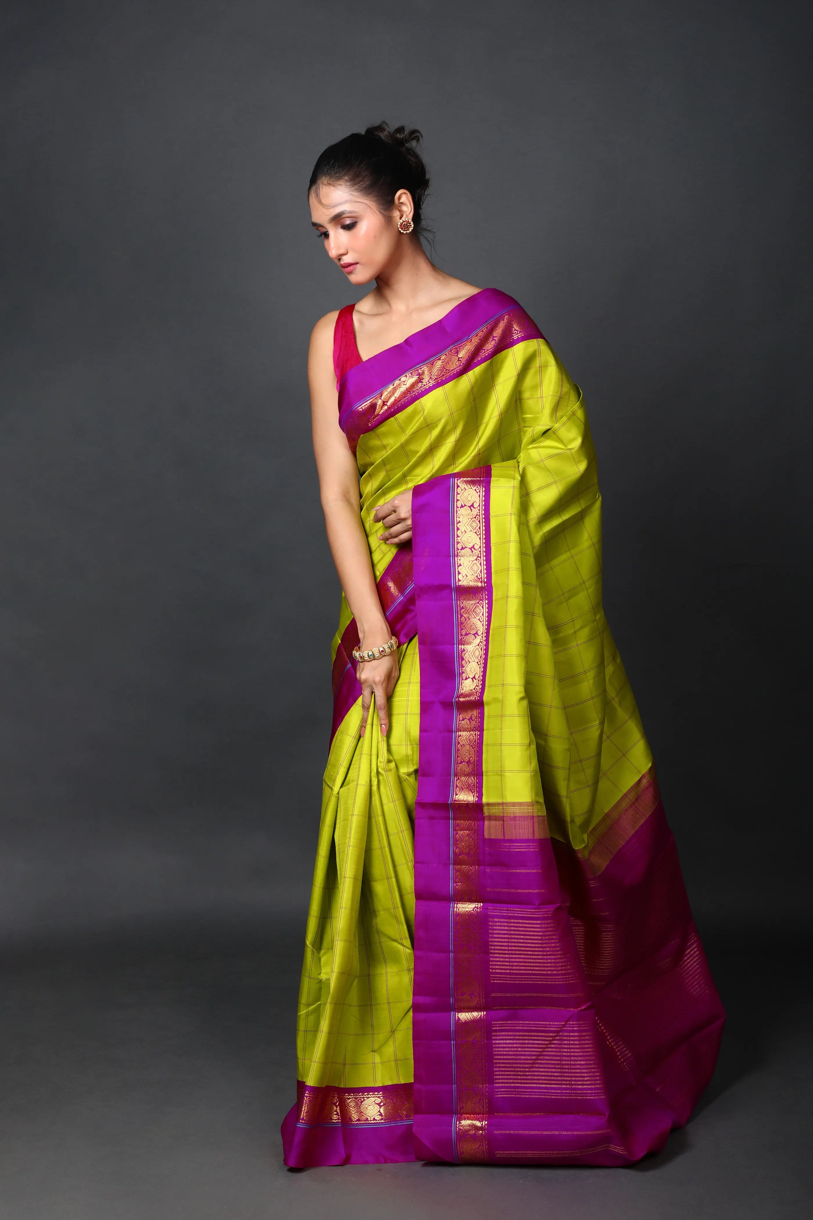 Parrot Green & Purple Silk Kanjivaram Saree With Blouse Piece