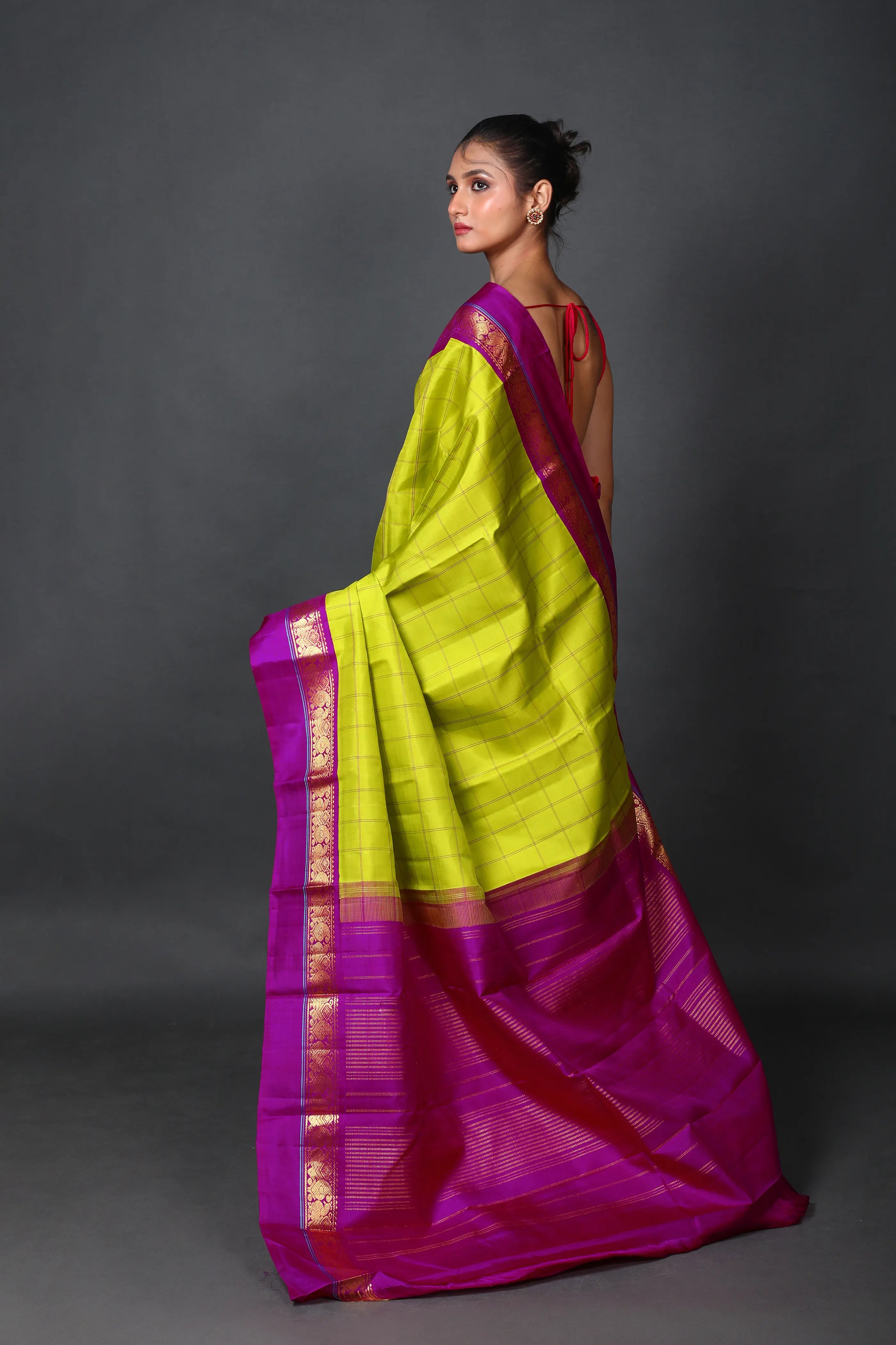 Parrot Green & Purple Silk Kanjivaram Saree With Blouse Piece