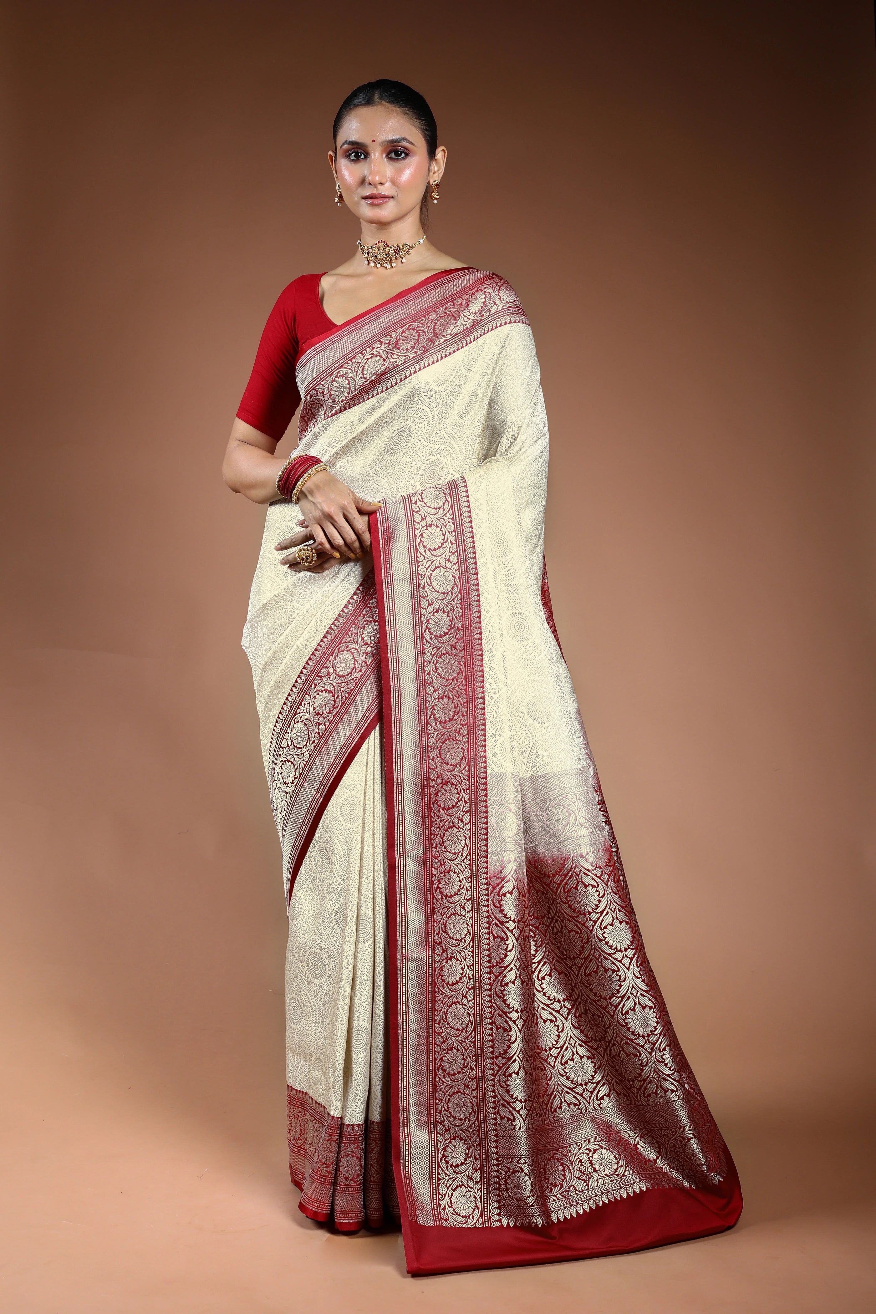 White Semi Brocade Katan Banrasi Saree With Blouse Piece