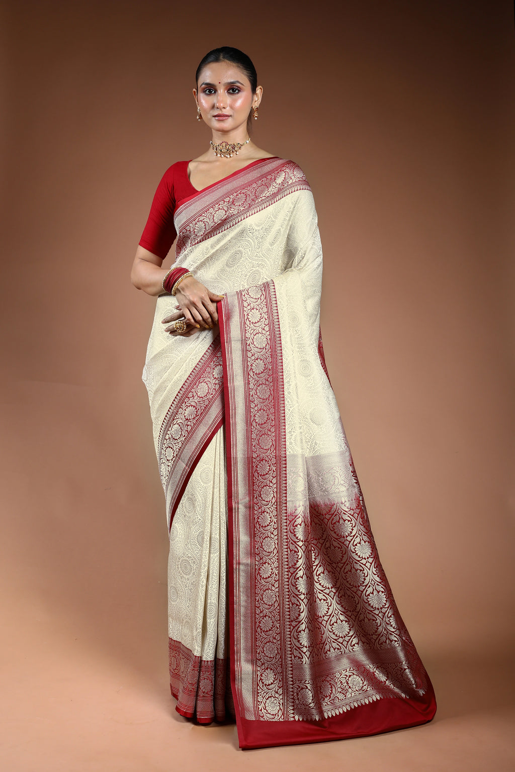 White Semi Brocade Katan Banrasi Saree With Blouse Piece