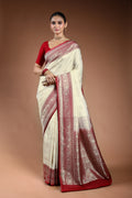 White Semi Brocade Katan Banrasi Saree With Blouse Piece