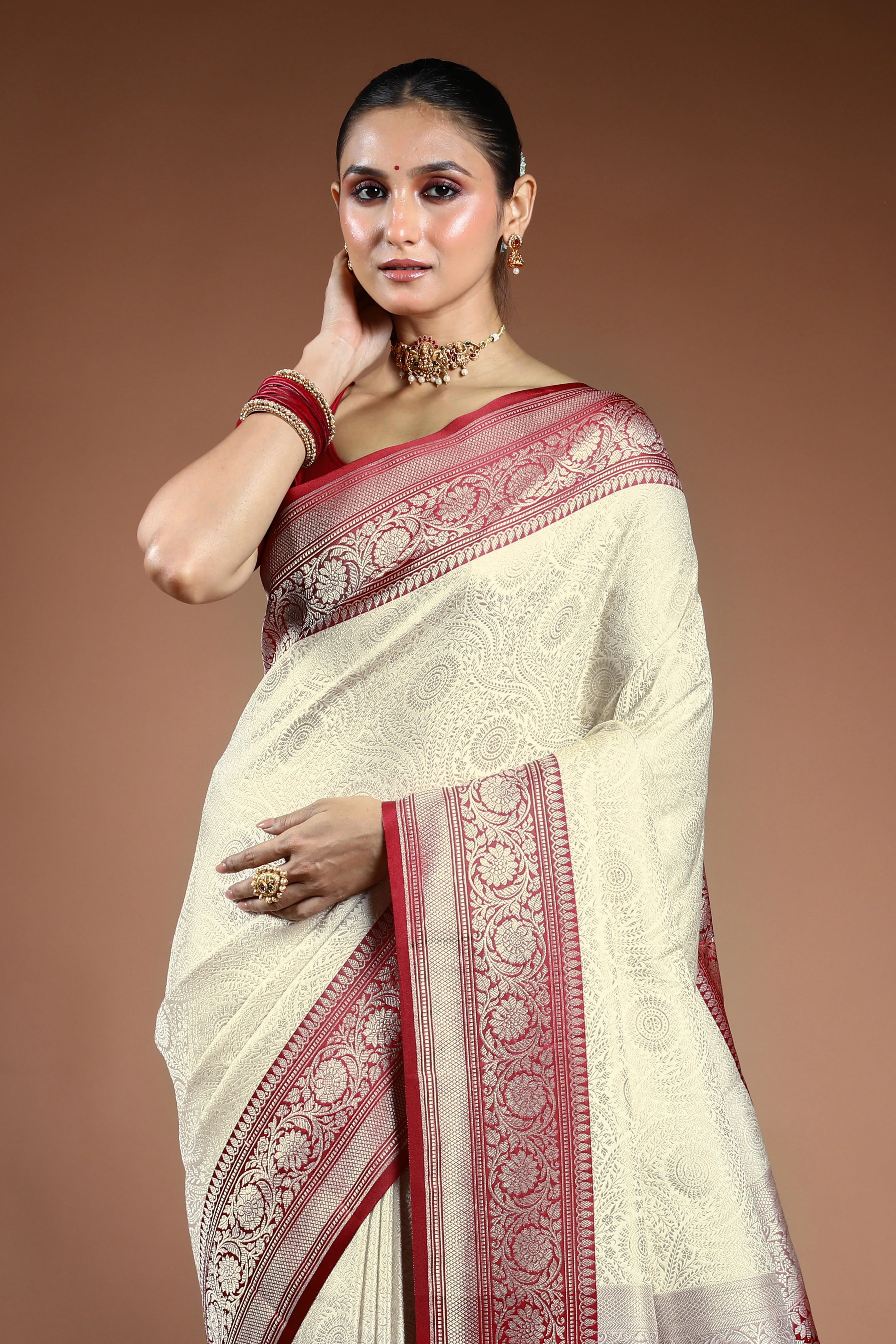 White Semi Brocade Katan Banrasi Saree With Blouse Piece