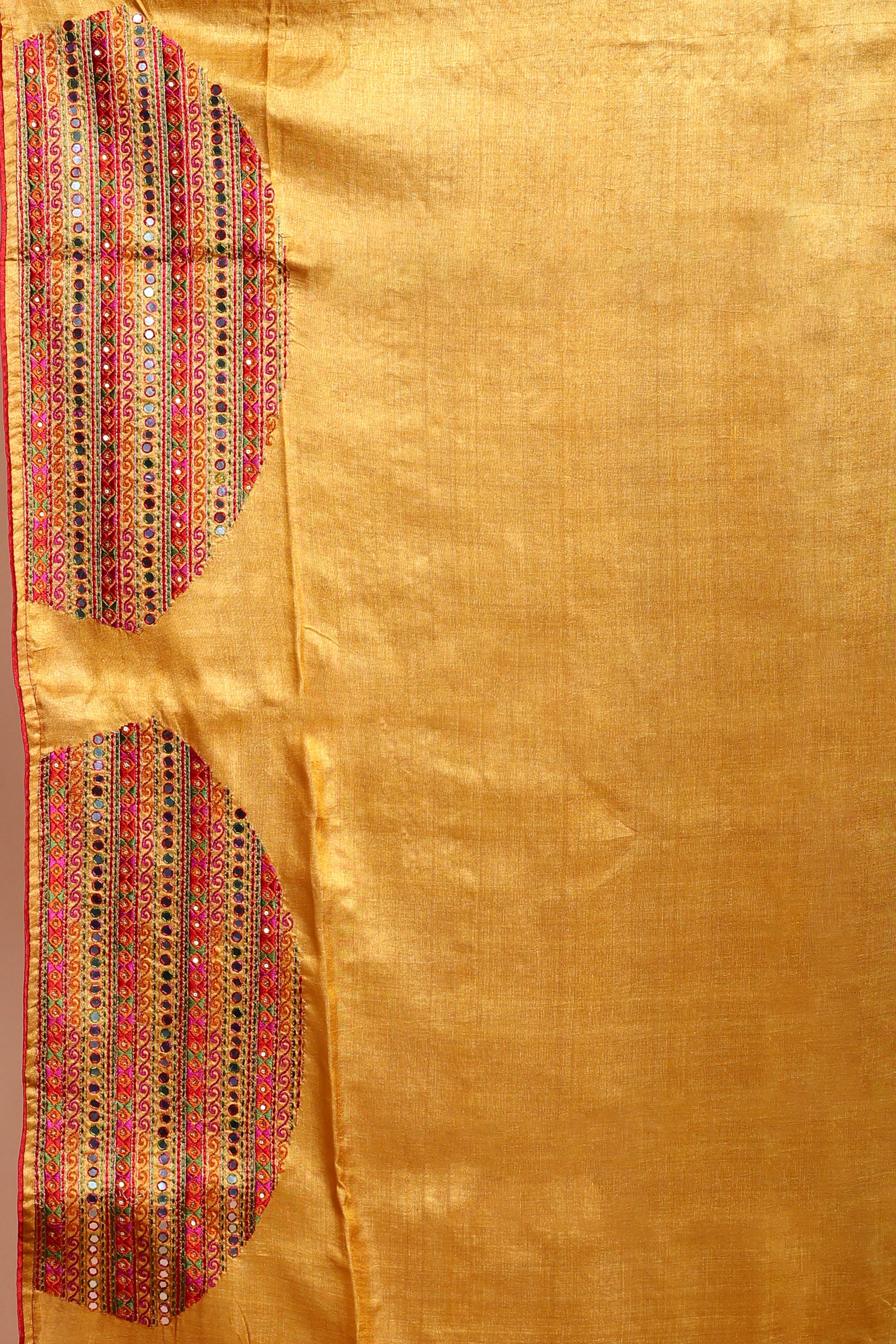 Mustard Yellow Tussar Machine Work Saree With Blouse Piece