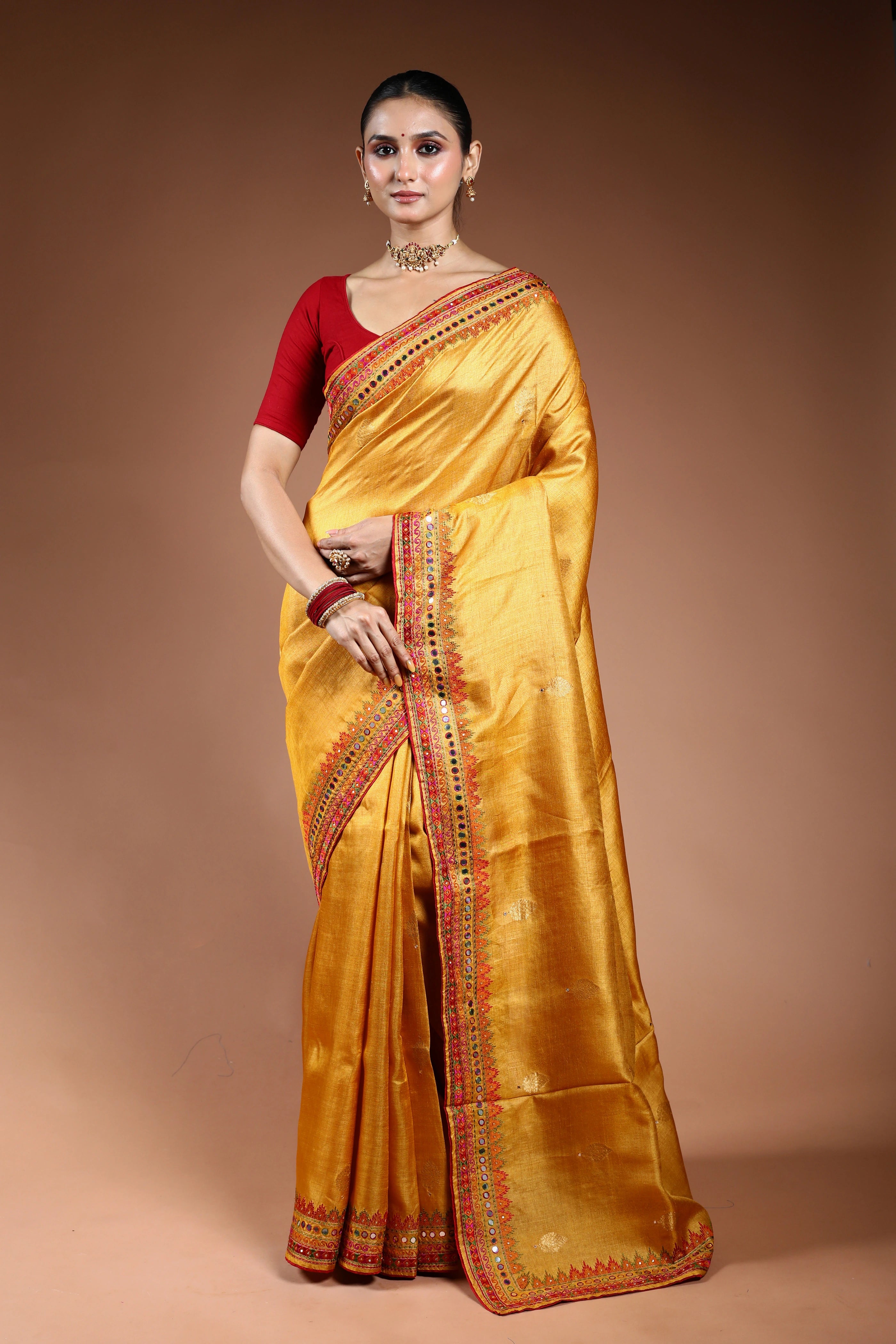 Mustard Yellow Tussar Machine Work Saree With Blouse Piece