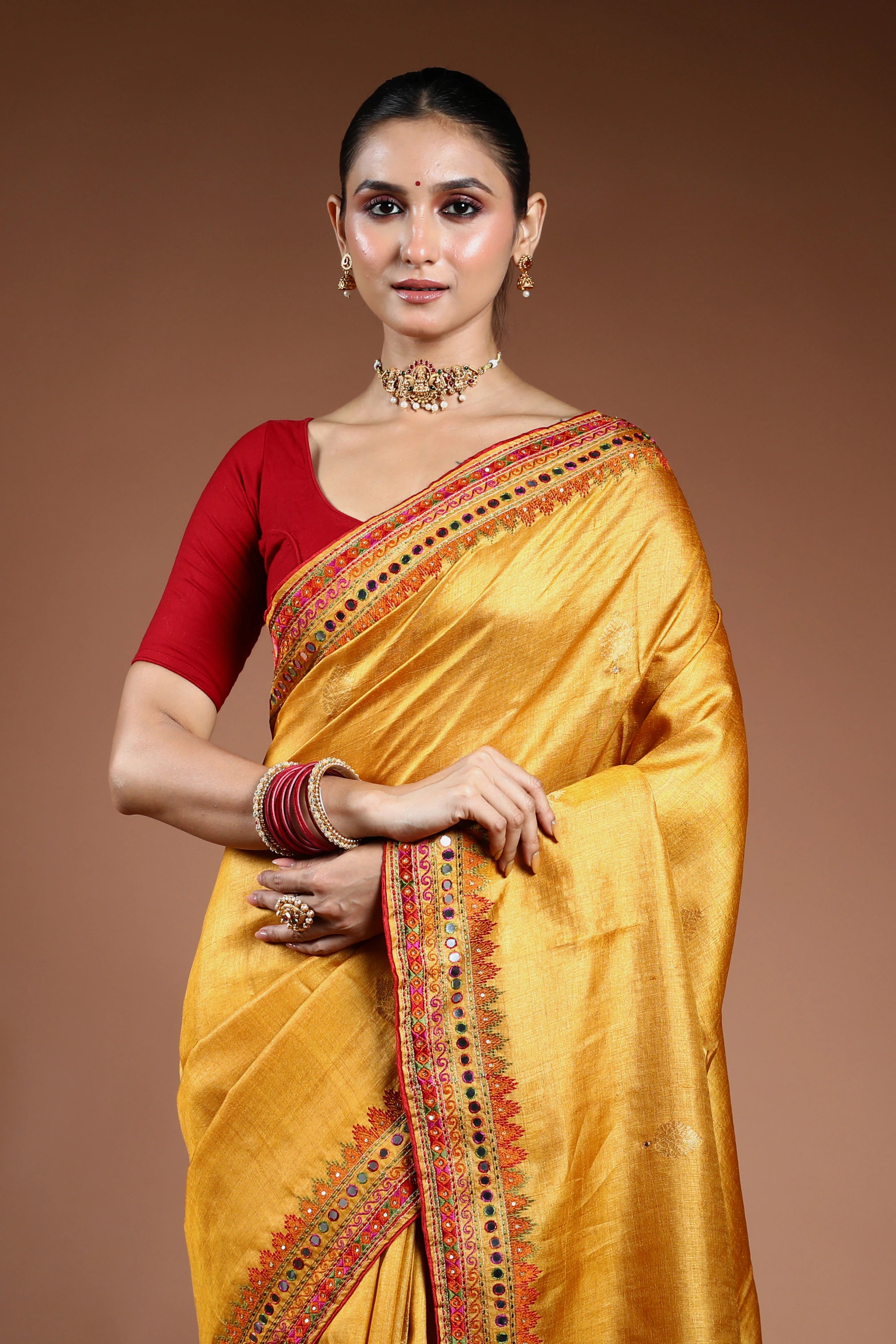 Mustard Yellow Tussar Machine Work Saree With Blouse Piece