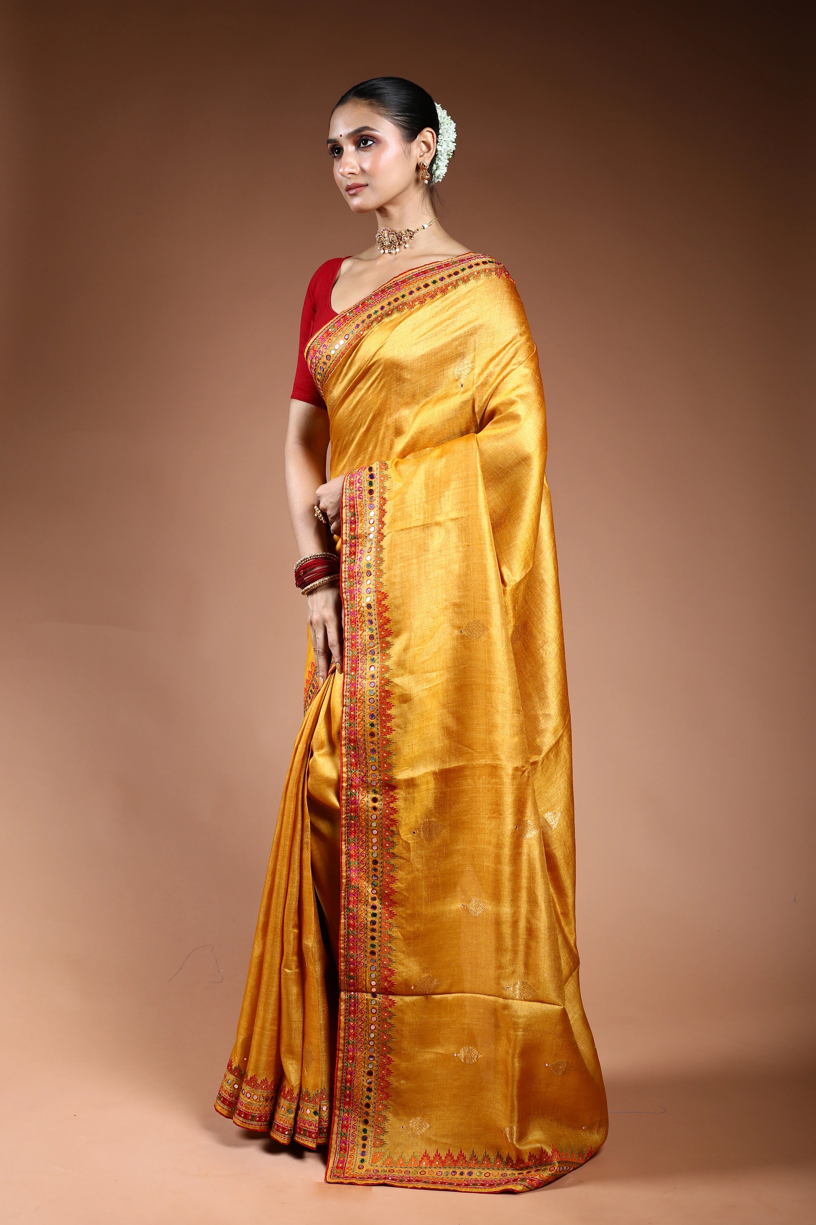 Mustard Yellow Tussar Machine Work Saree With Blouse Piece