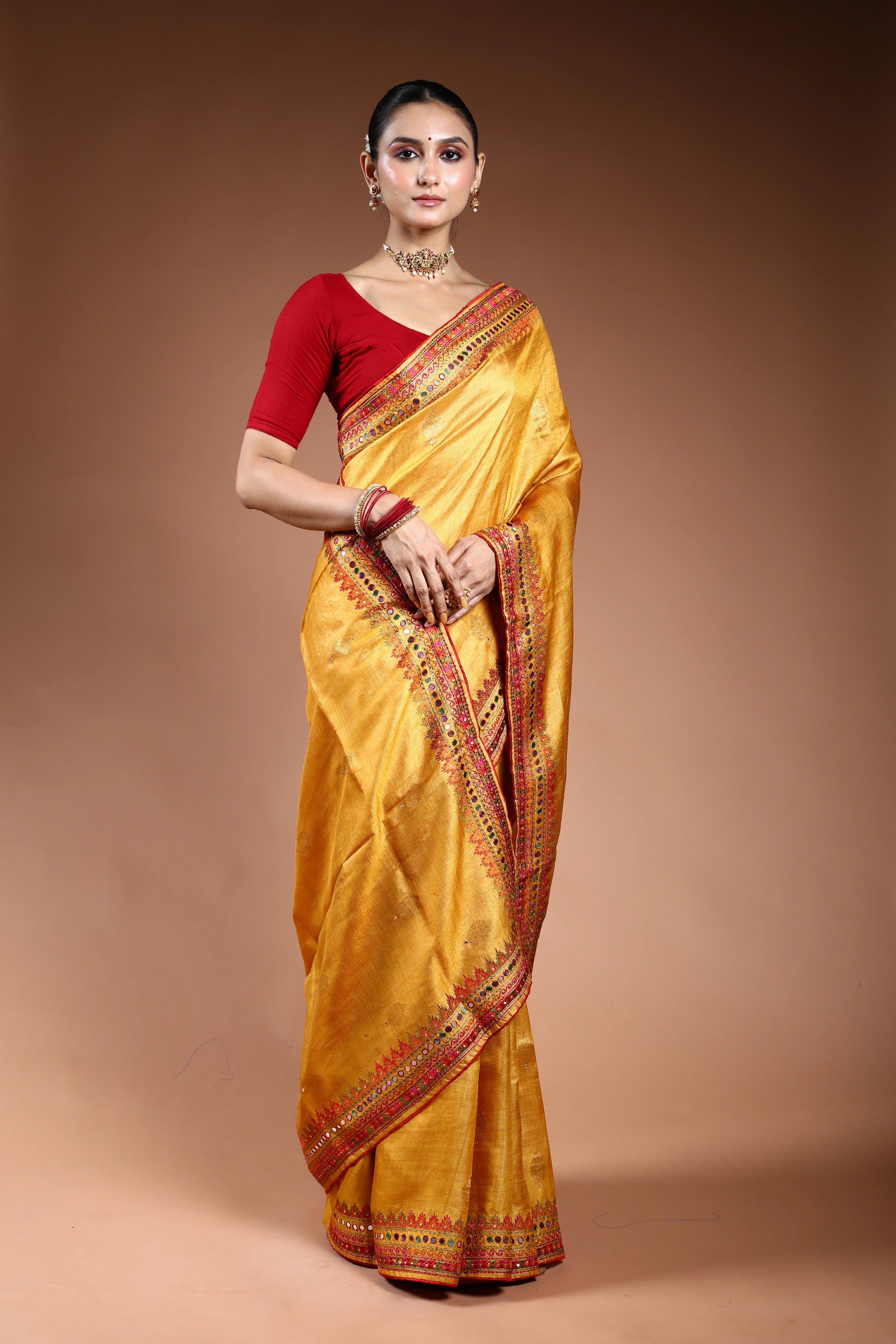Mustard Yellow Tussar Machine Work Saree With Blouse Piece