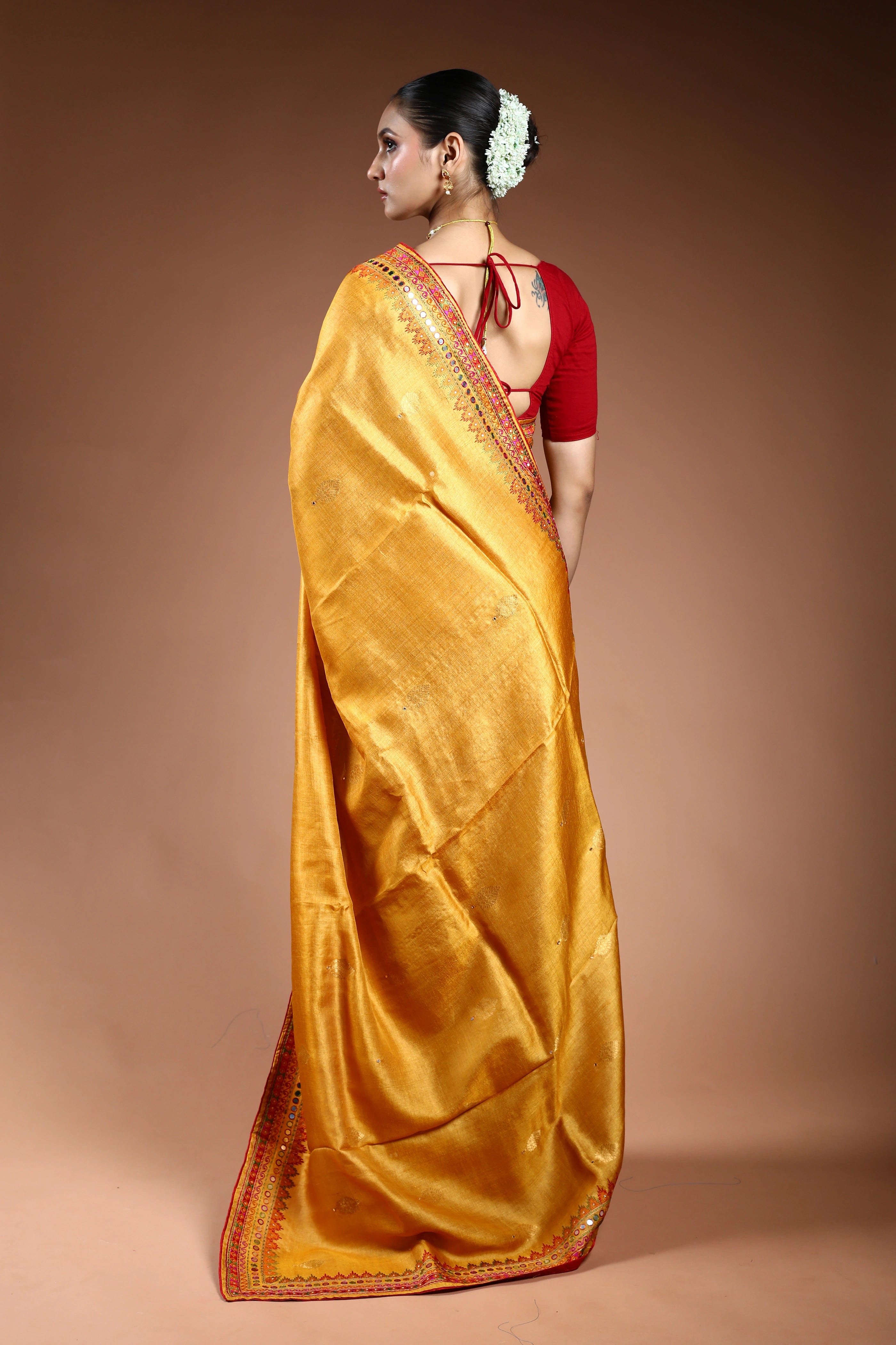 Mustard Yellow Tussar Machine Work Saree With Blouse Piece