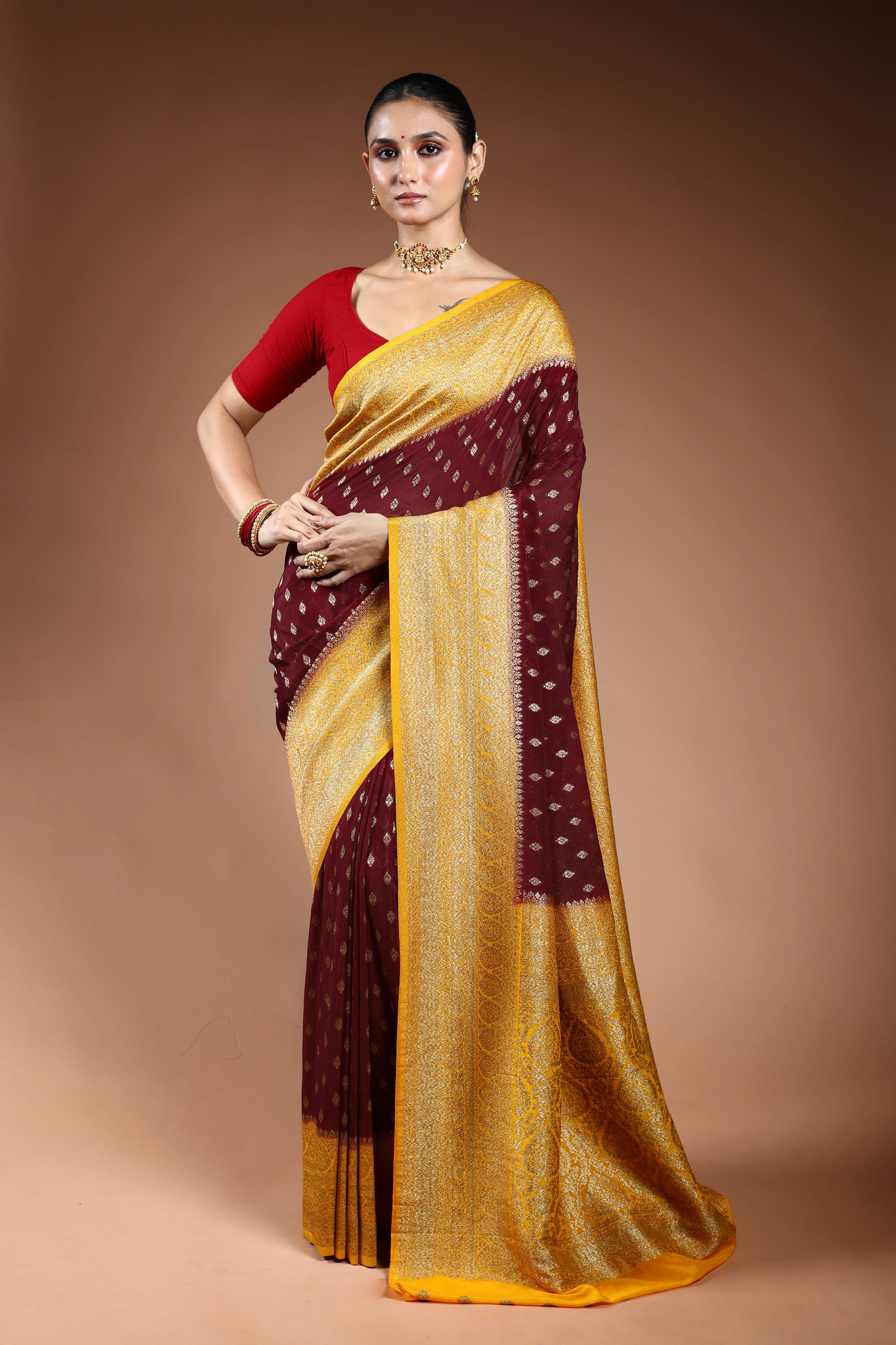 Maroon Semi Chiffon Banarasi Saree With Blouse Piece