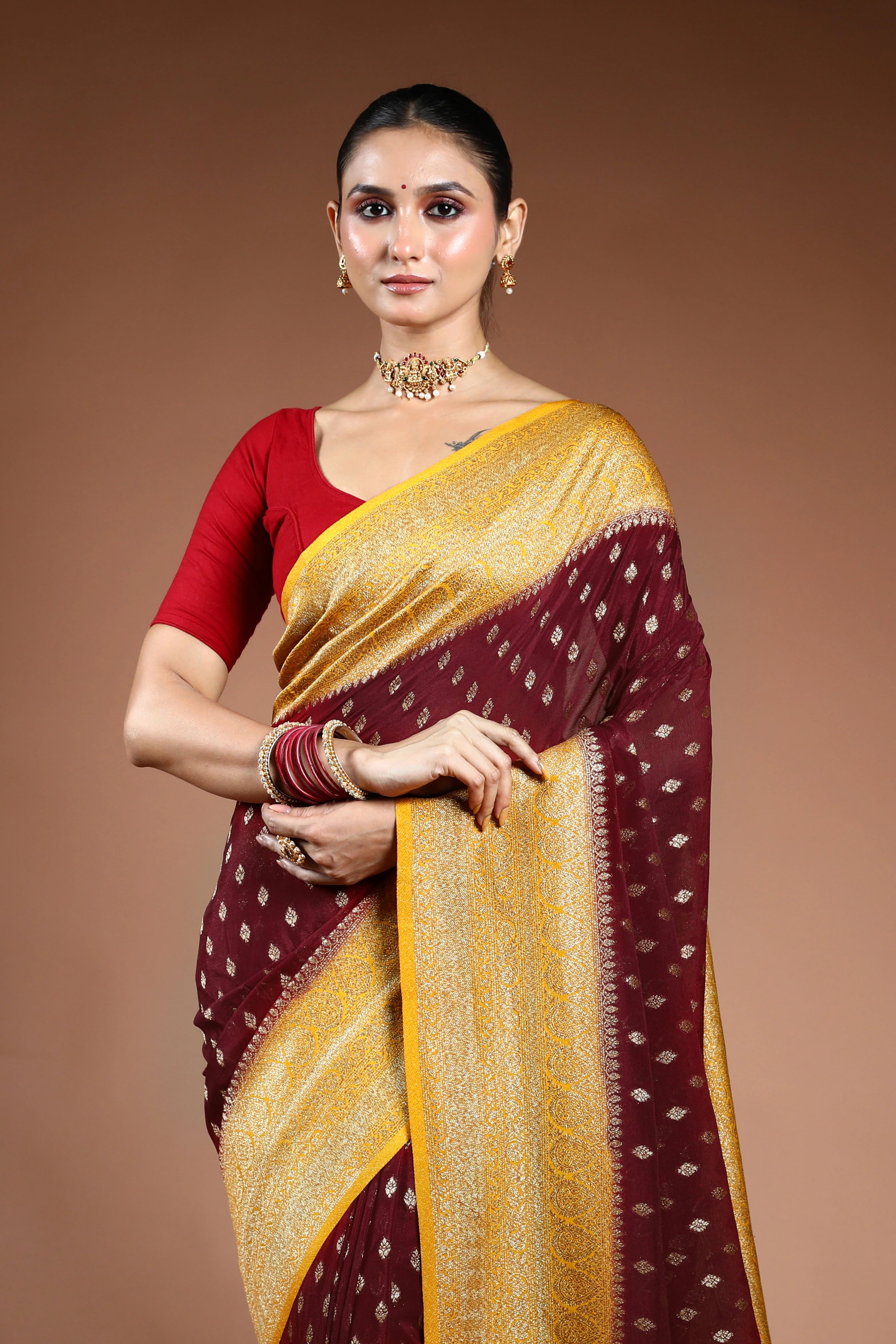 Maroon Semi Chiffon Banarasi Saree With Blouse Piece