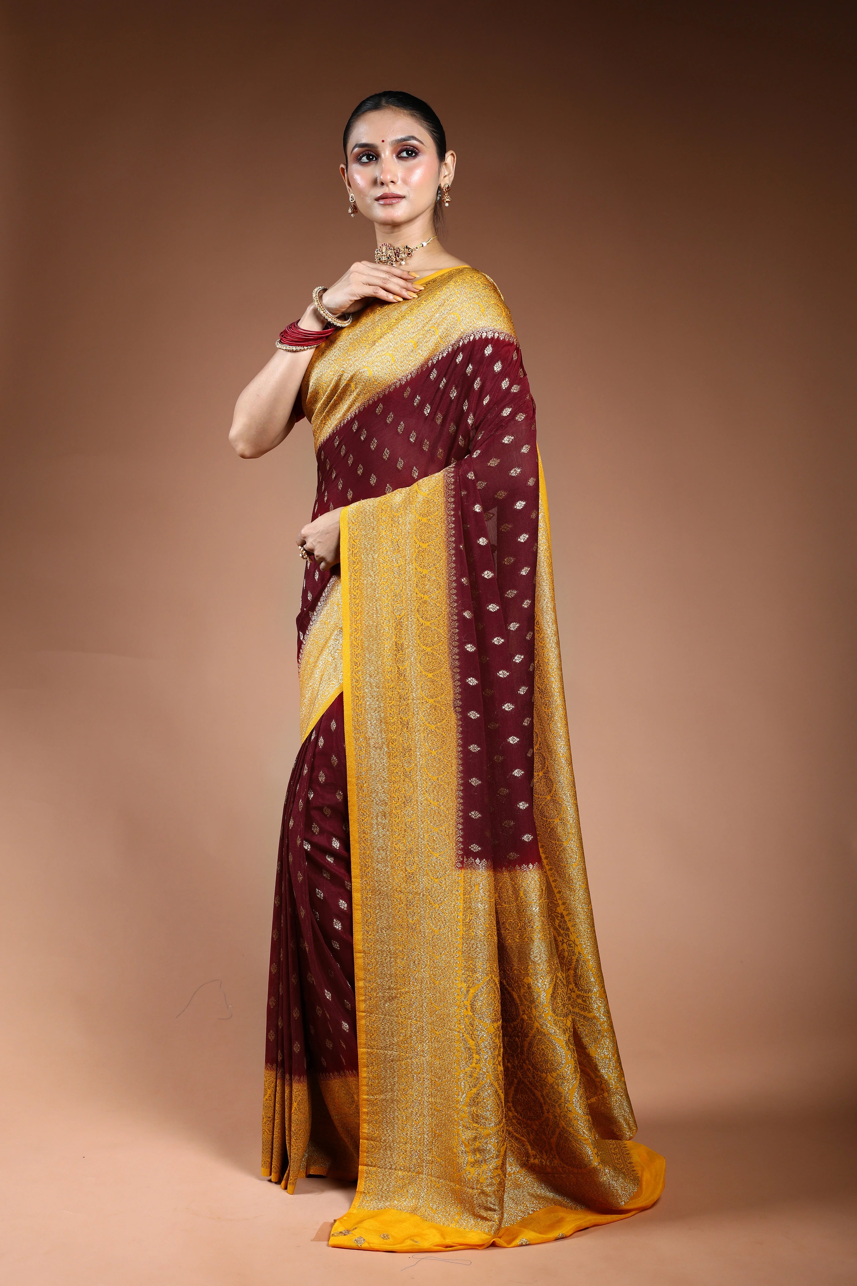Maroon Semi Chiffon Banarasi Saree With Blouse Piece