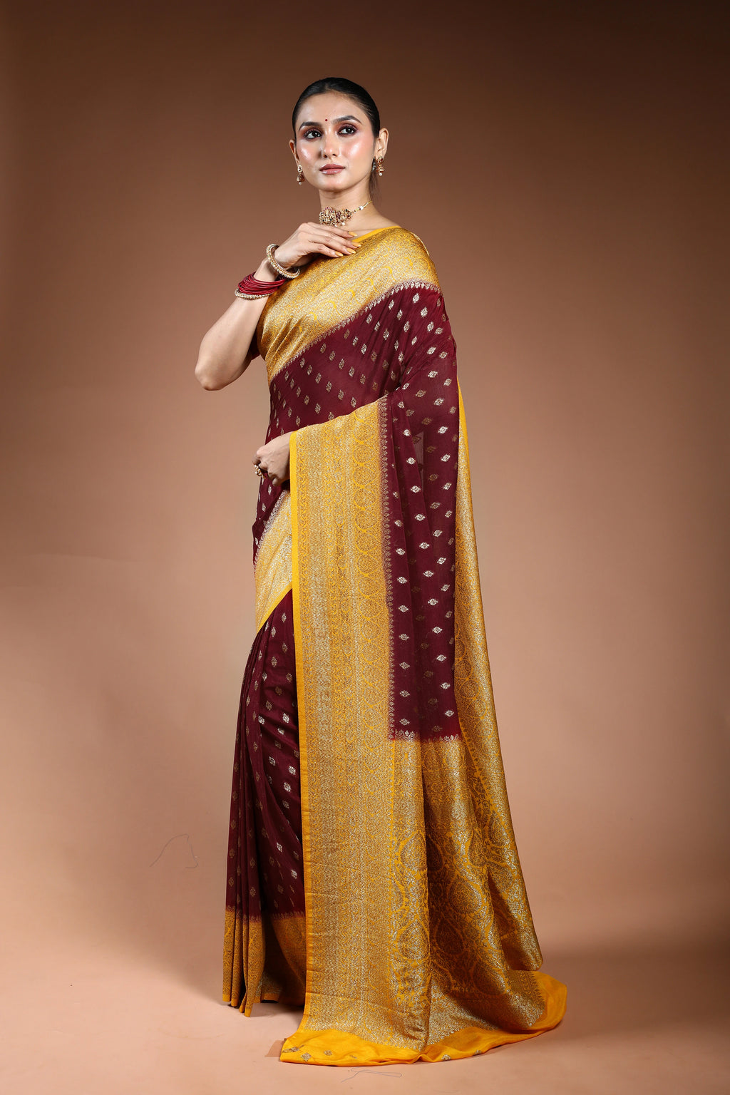 Maroon Semi Chiffon Banarasi Saree With Blouse Piece