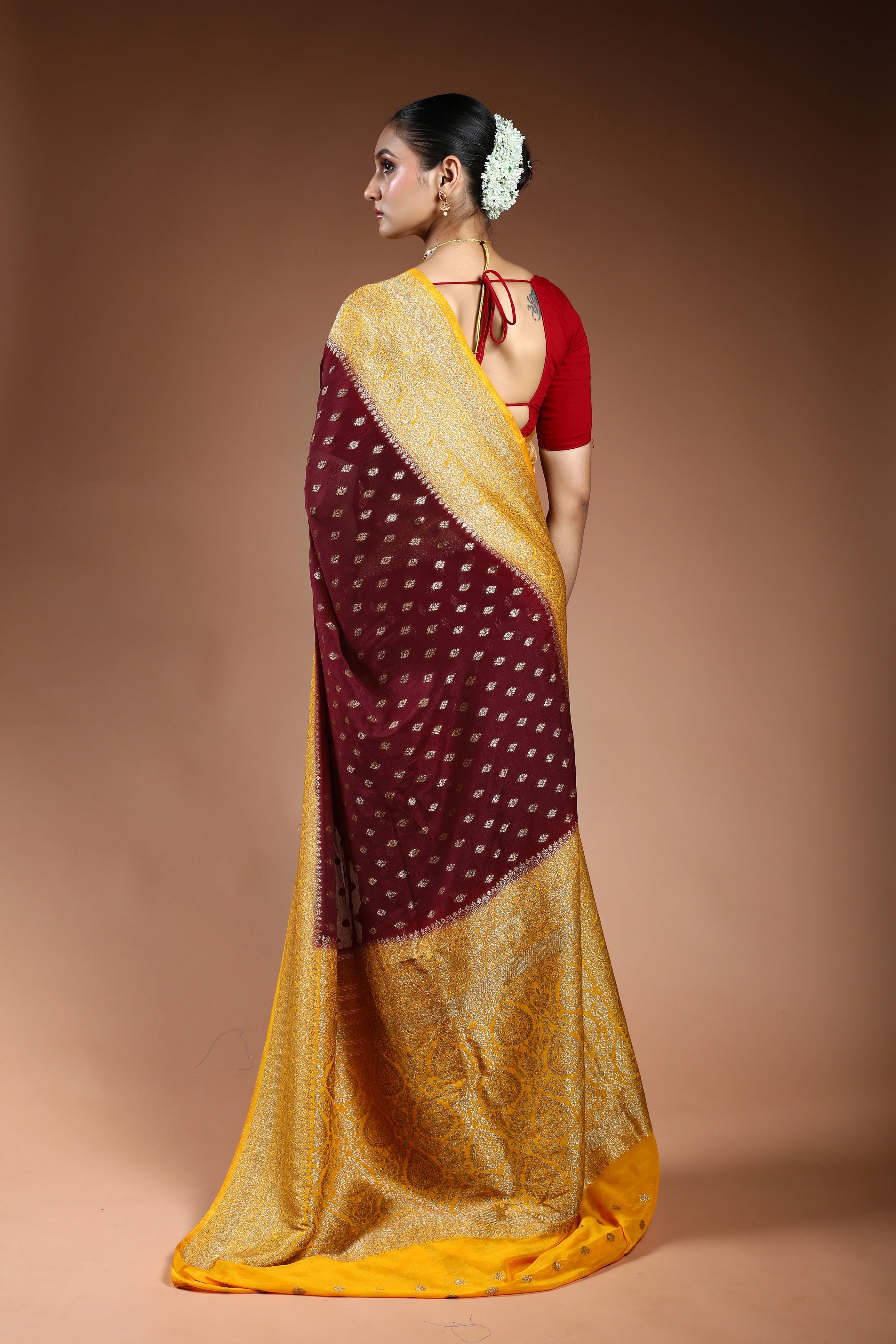 Maroon Semi Chiffon Banarasi Saree With Blouse Piece
