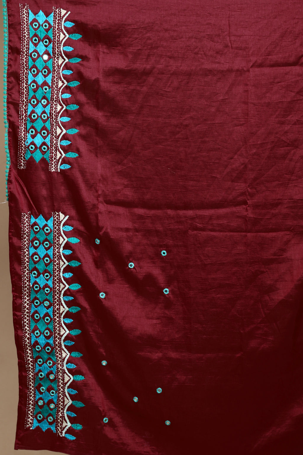 Maroon Tussar Kathiyawadi Saree With Blouse Piece