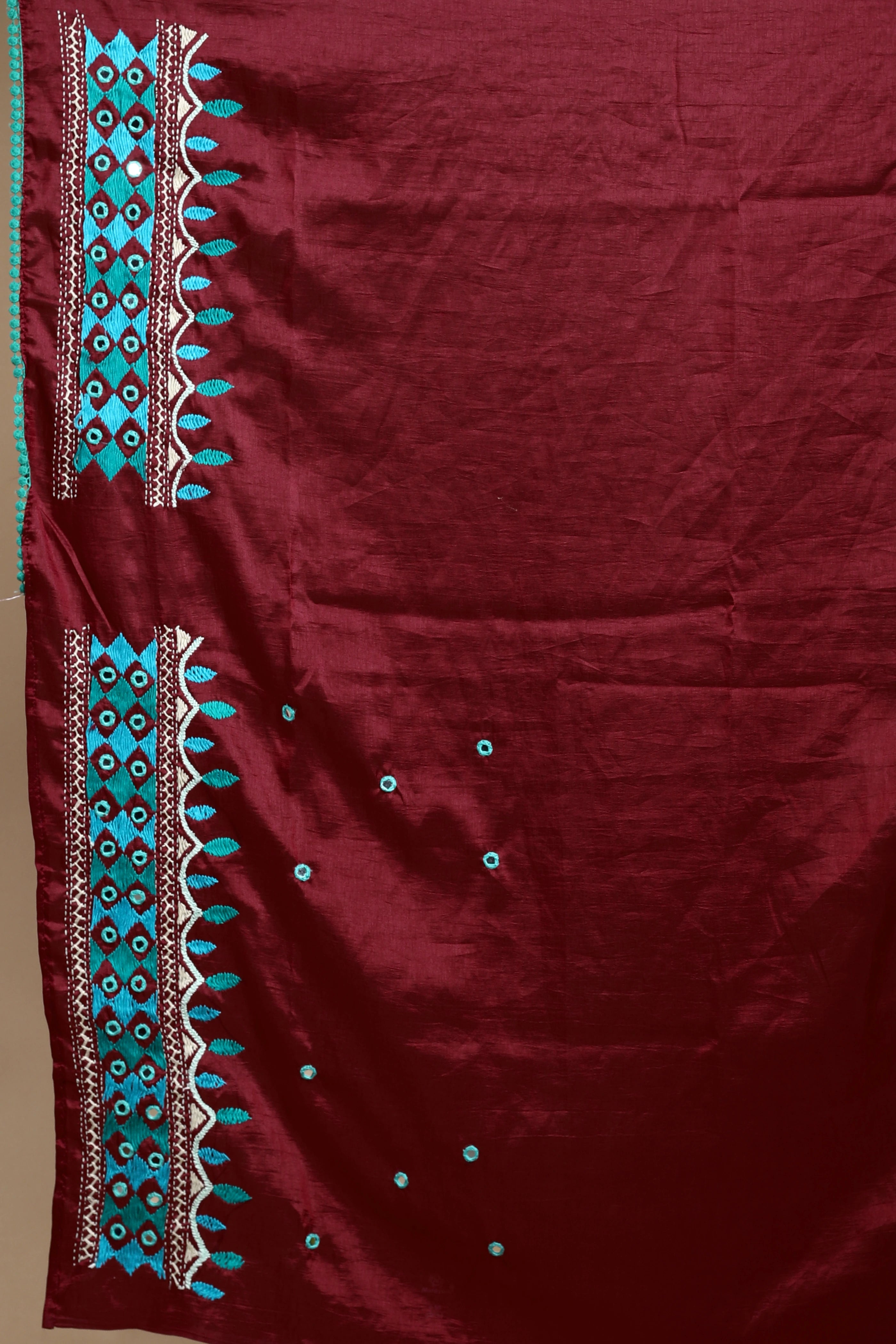 Maroon Tussar Kathiyawadi Saree With Blouse Piece