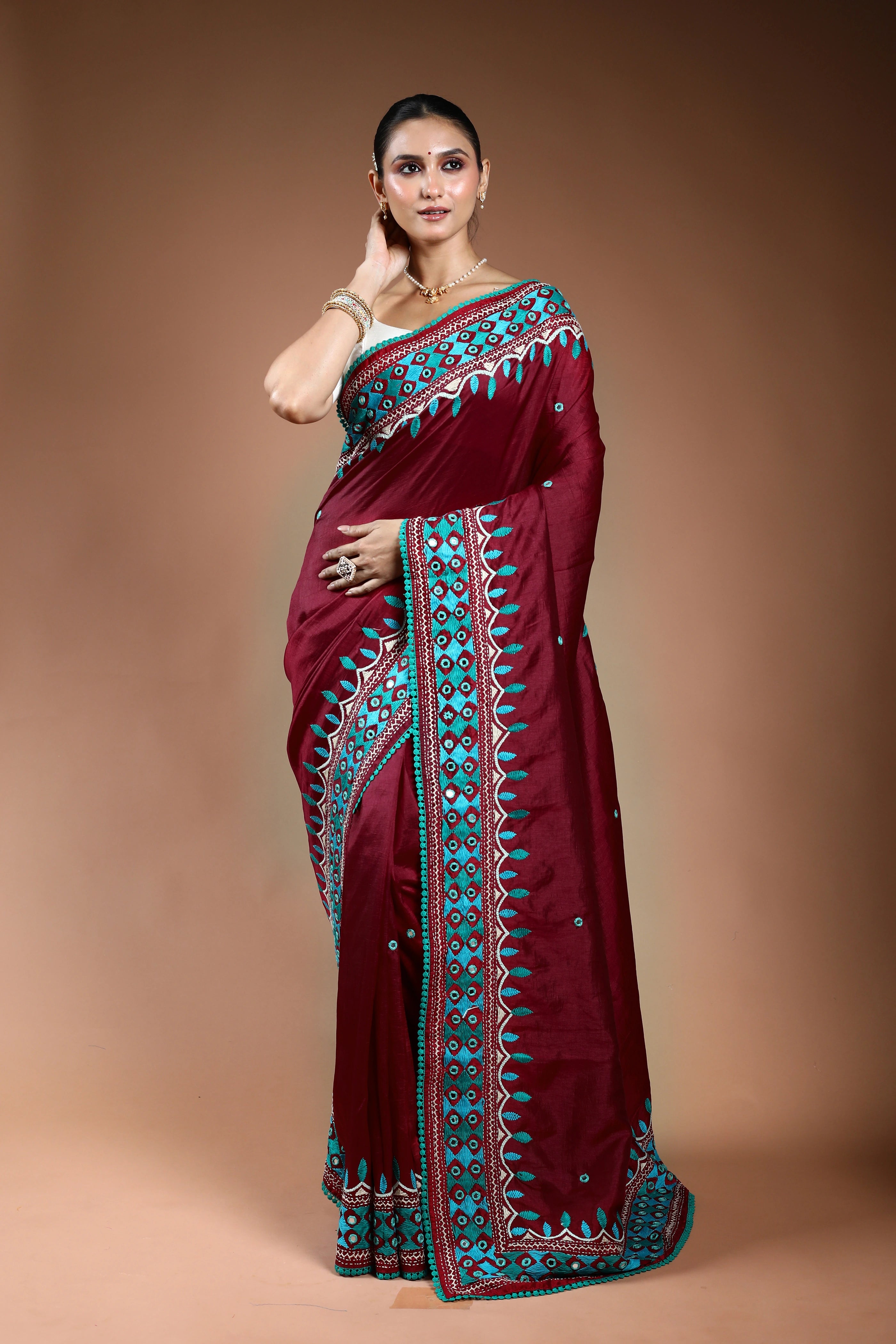 Maroon Tussar Kathiyawadi Saree With Blouse Piece