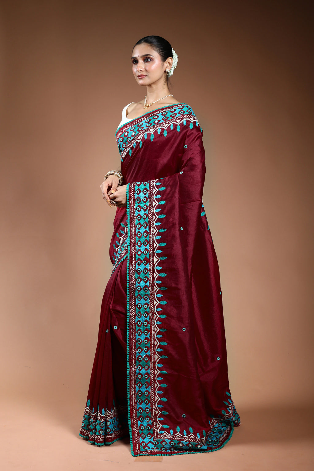 Maroon Tussar Kathiyawadi Saree With Blouse Piece