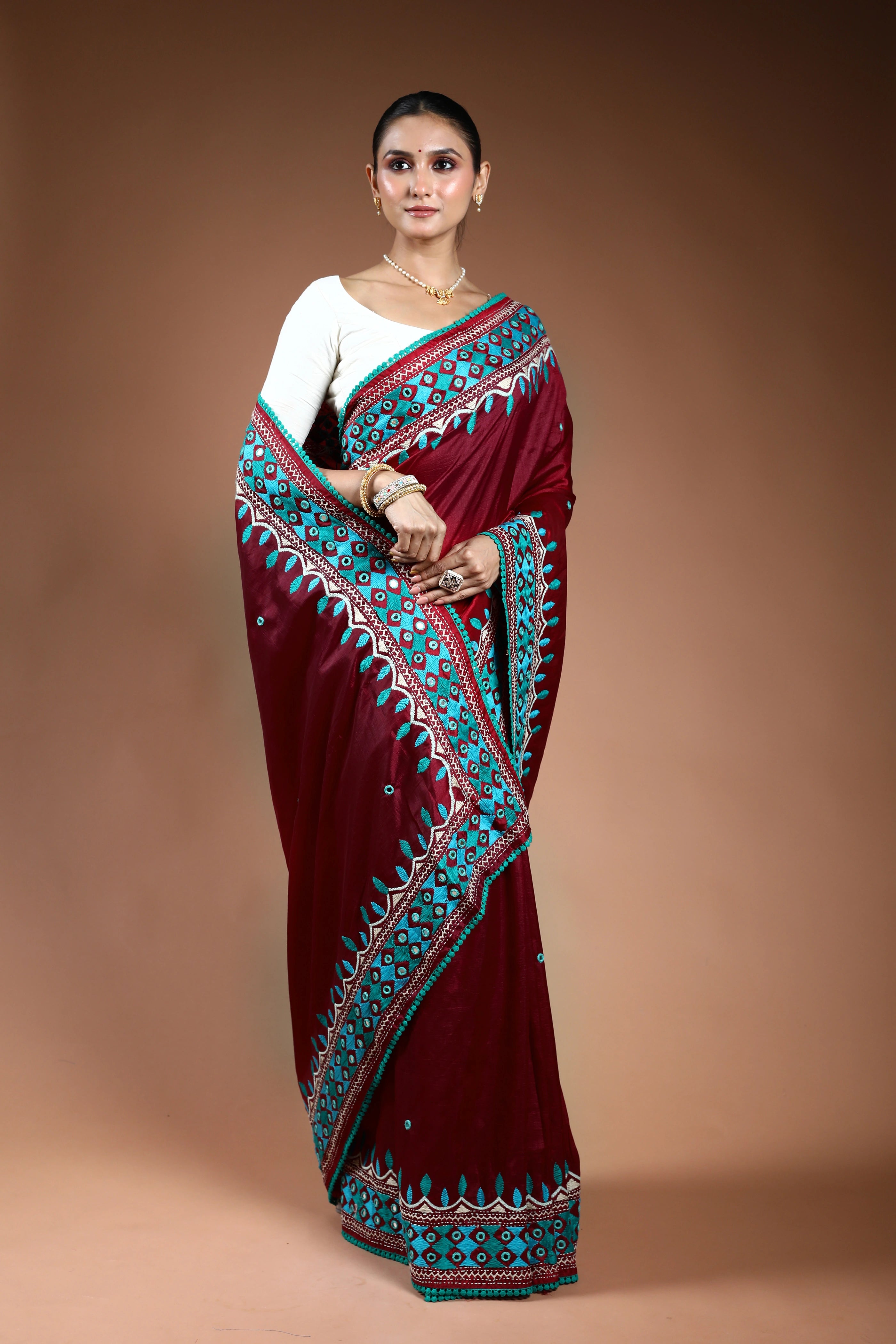Maroon Tussar Kathiyawadi Saree With Blouse Piece