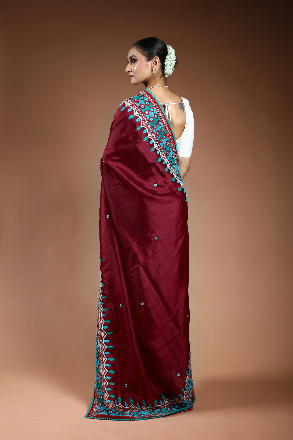Maroon Tussar Kathiyawadi Saree With Blouse Piece