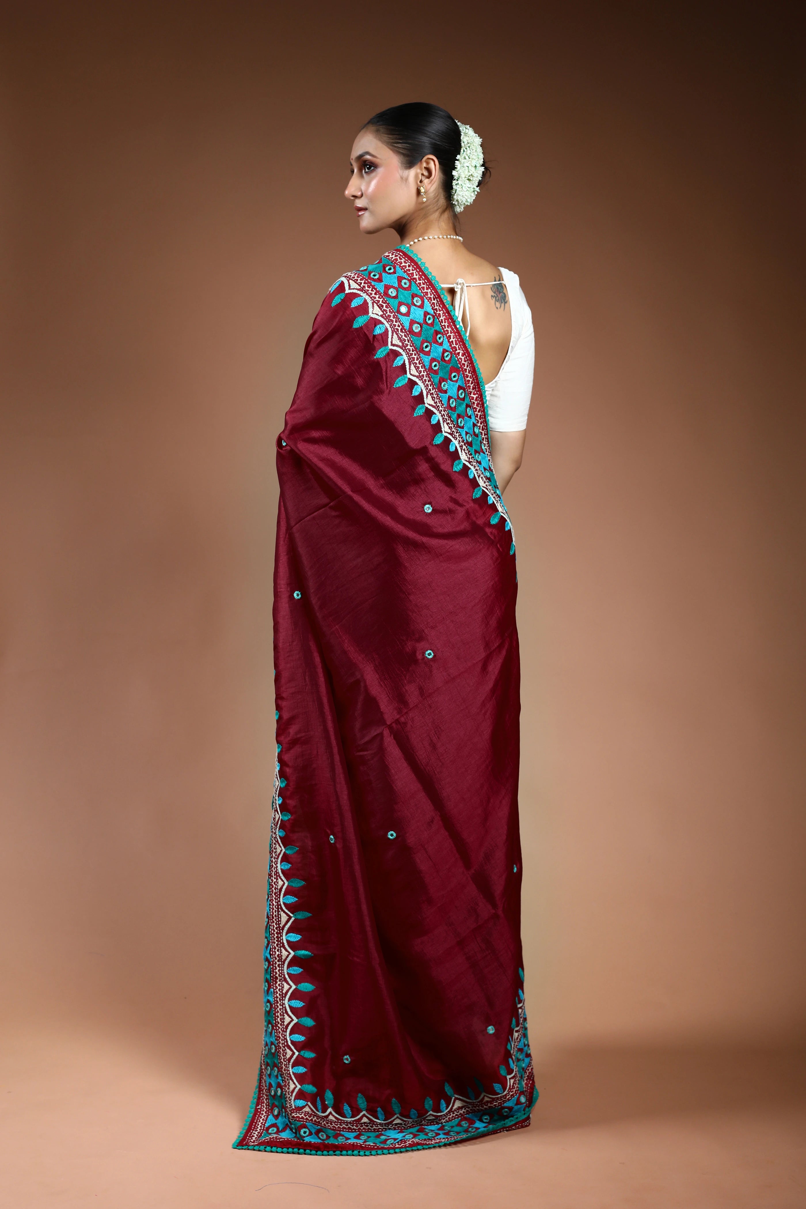 Maroon Tussar Kathiyawadi Saree With Blouse Piece