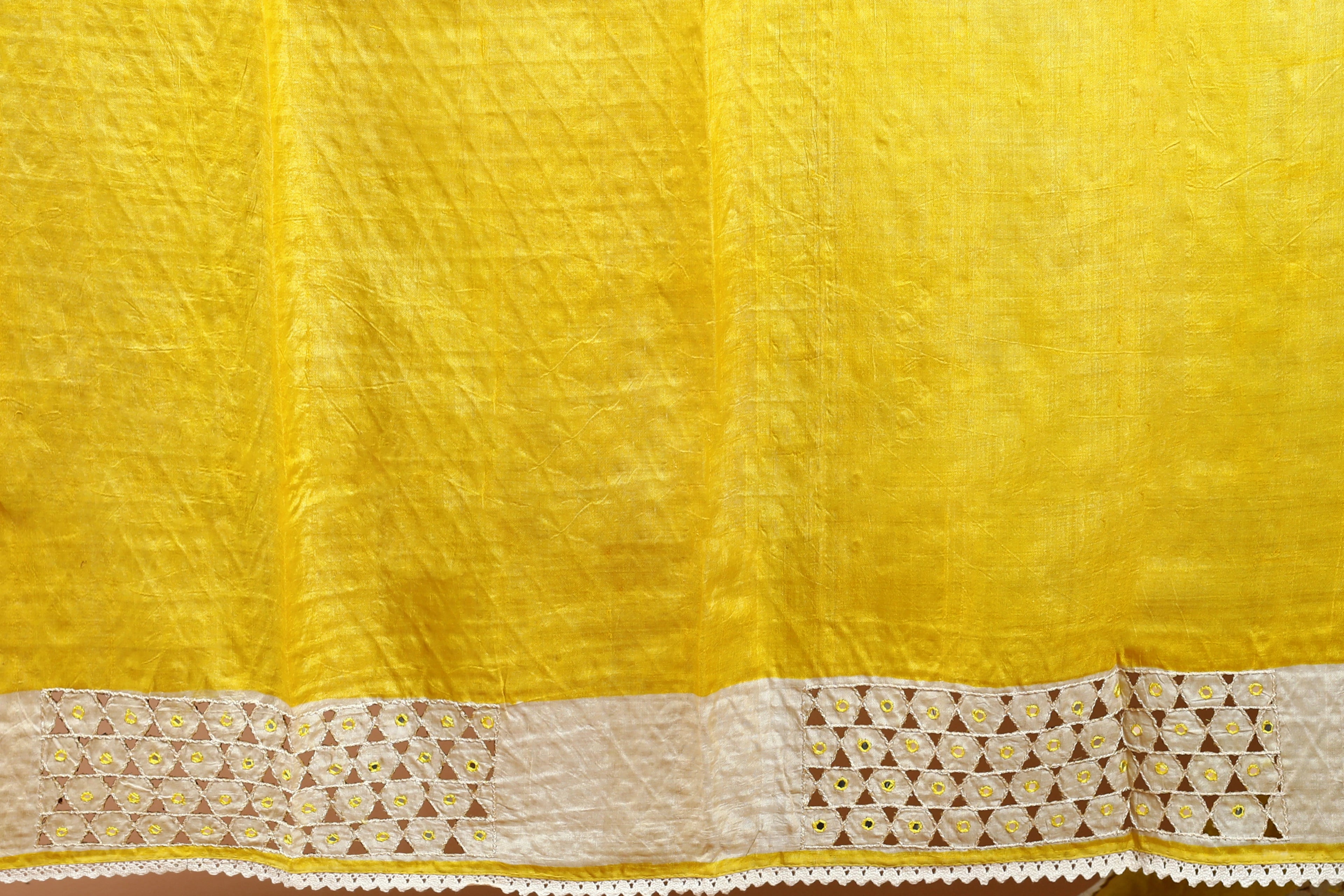 Yellow Tussar Digital Cutwork Saree With Blouse Piece