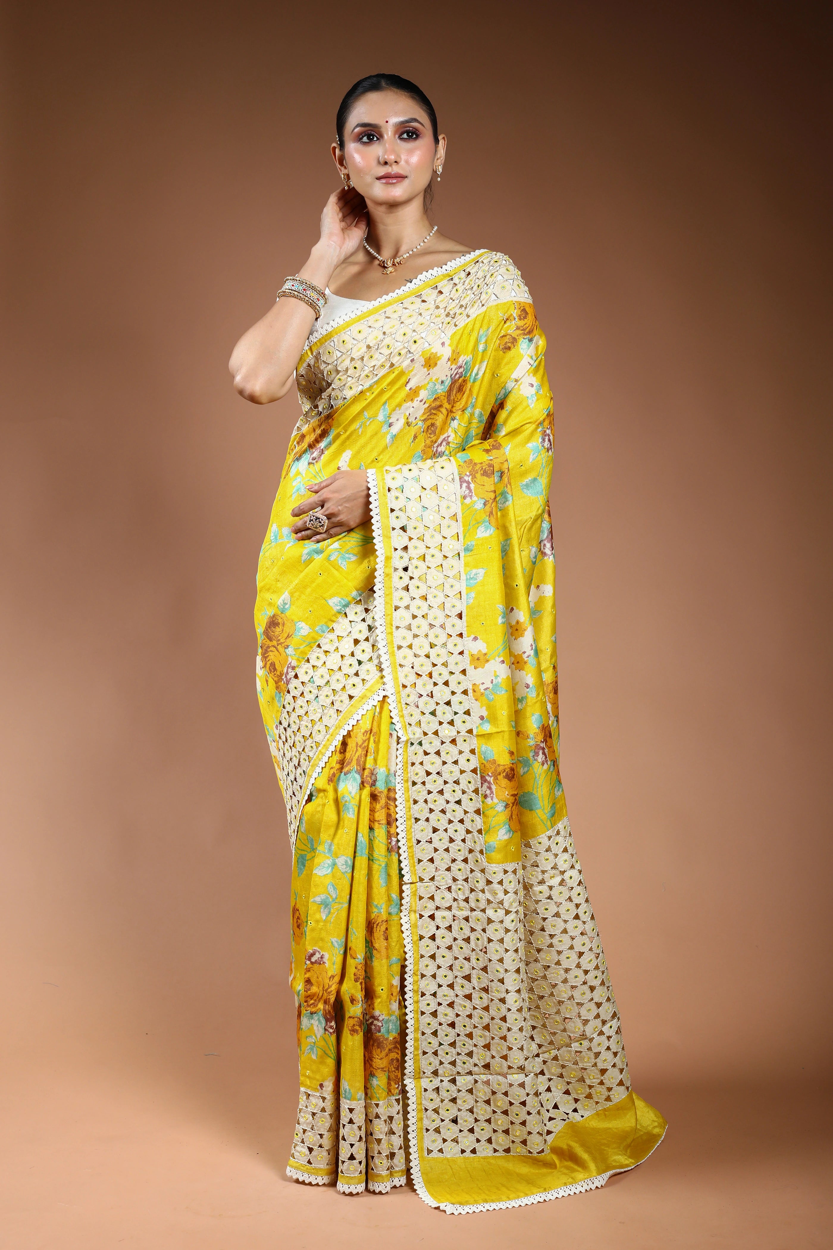Yellow Tussar Digital Cutwork Saree With Blouse Piece