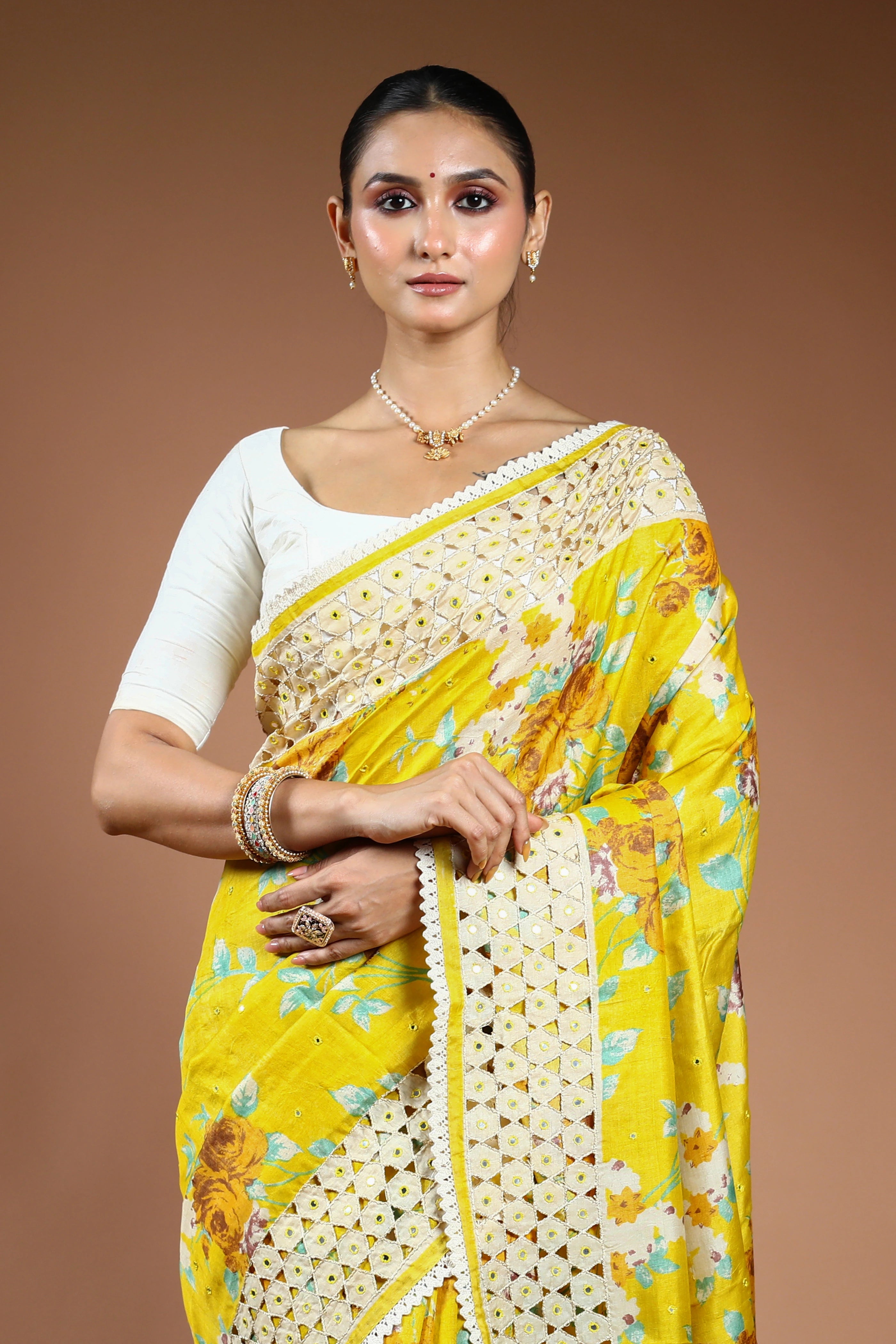 Yellow Tussar Digital Cutwork Saree With Blouse Piece