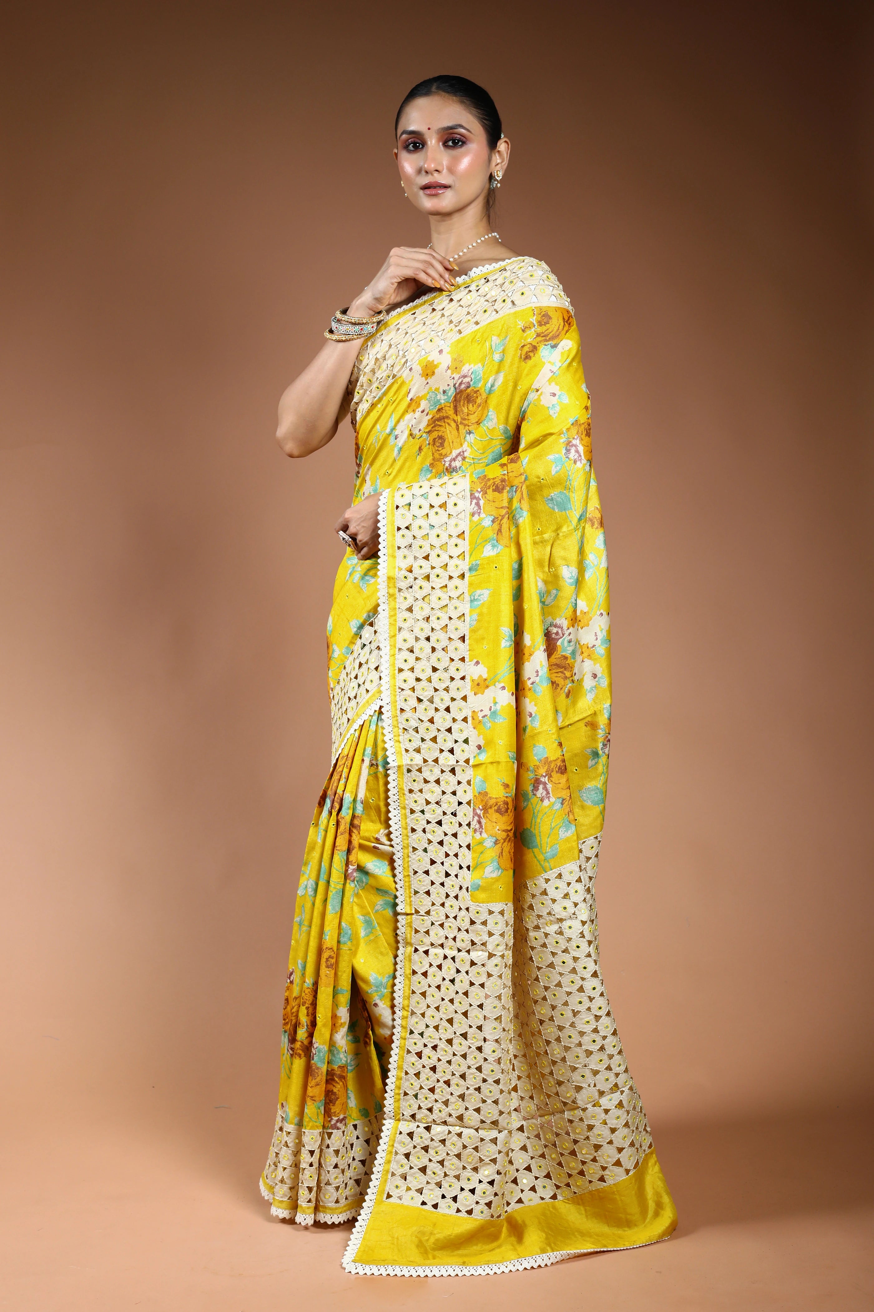 Yellow Tussar Digital Cutwork Saree With Blouse Piece