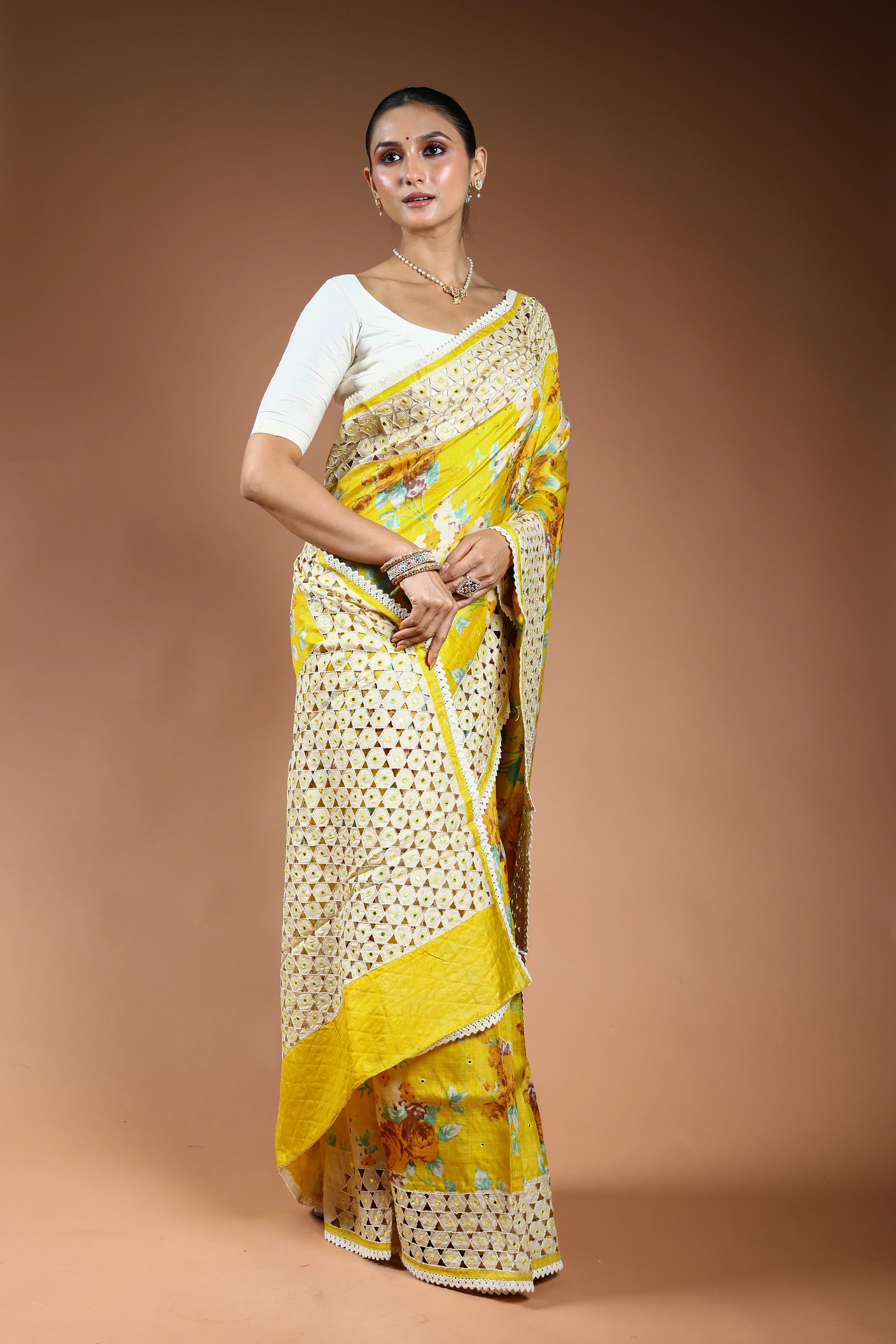 Yellow Tussar Digital Cutwork Saree With Blouse Piece