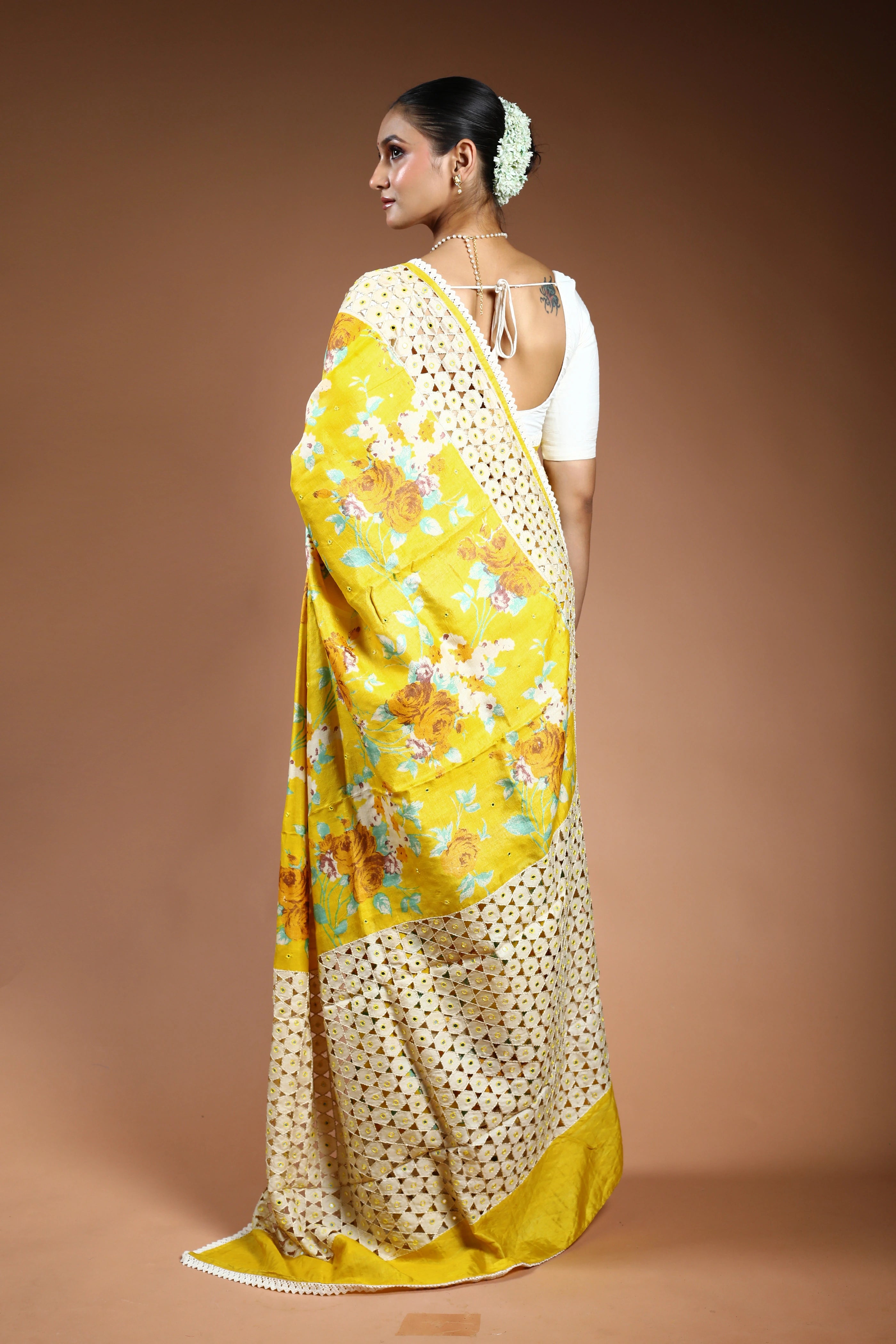 Yellow Tussar Digital Cutwork Saree With Blouse Piece