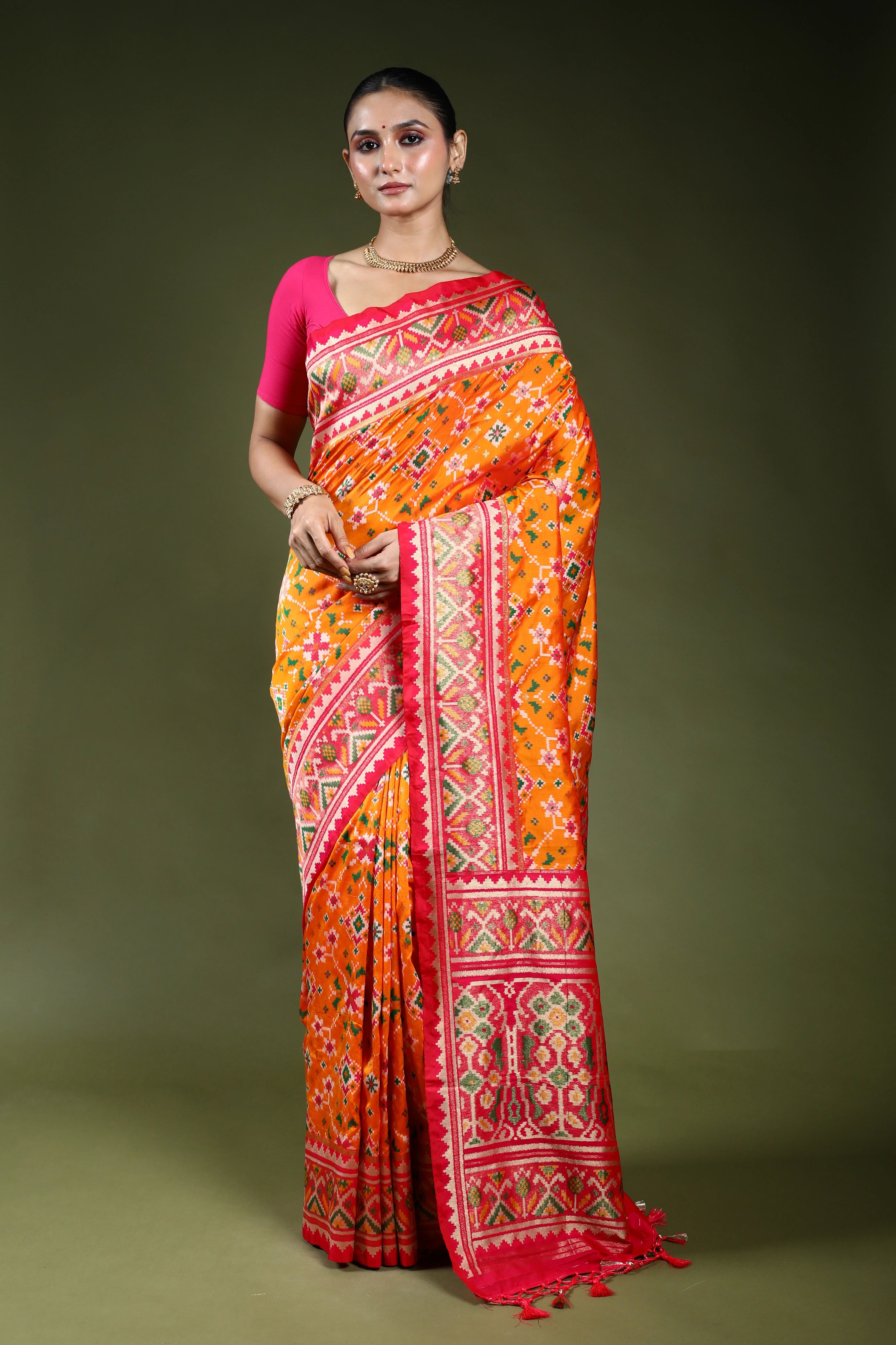 Turmeric Yellow Semi Patola Saree With Blouse Piece